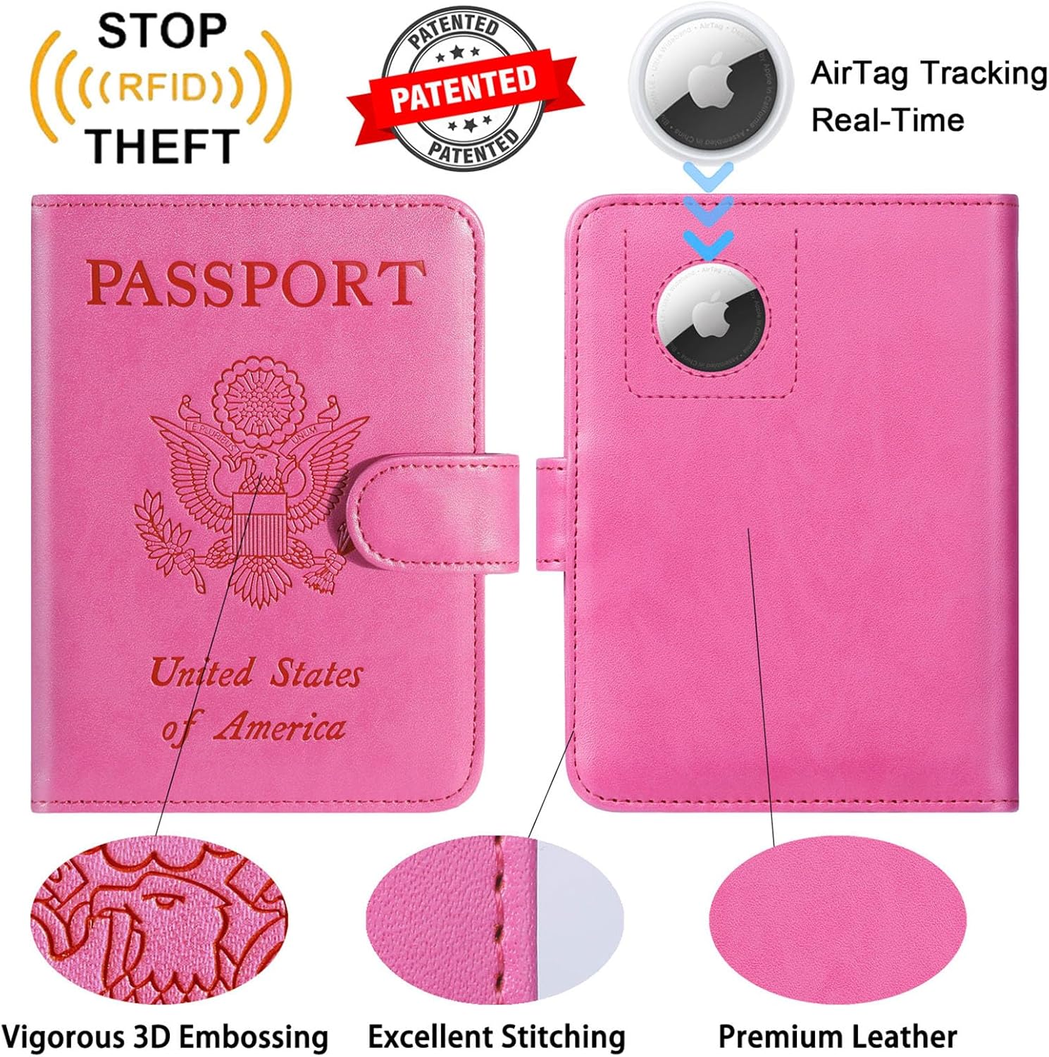 Airtag Passport Holder Cover Wallet RFID Blocking Leather Case Travel Essentials Luggage Accessories Travel Must Have(118#Pink) - Image 2