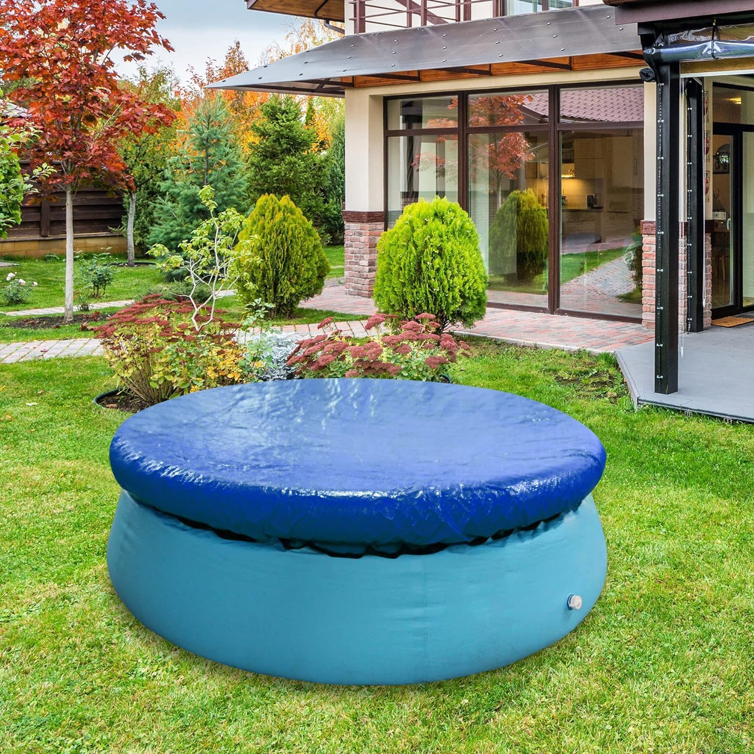457CM Bâche Protection pour Piscine - Bache Piscine Ronde - Couverture de Extérieur Ronde Spa Baignoire idéale, Imperméable Anti-Poussière Anti-UV, Bâche de Piscine été et Hiver avec Cordon
