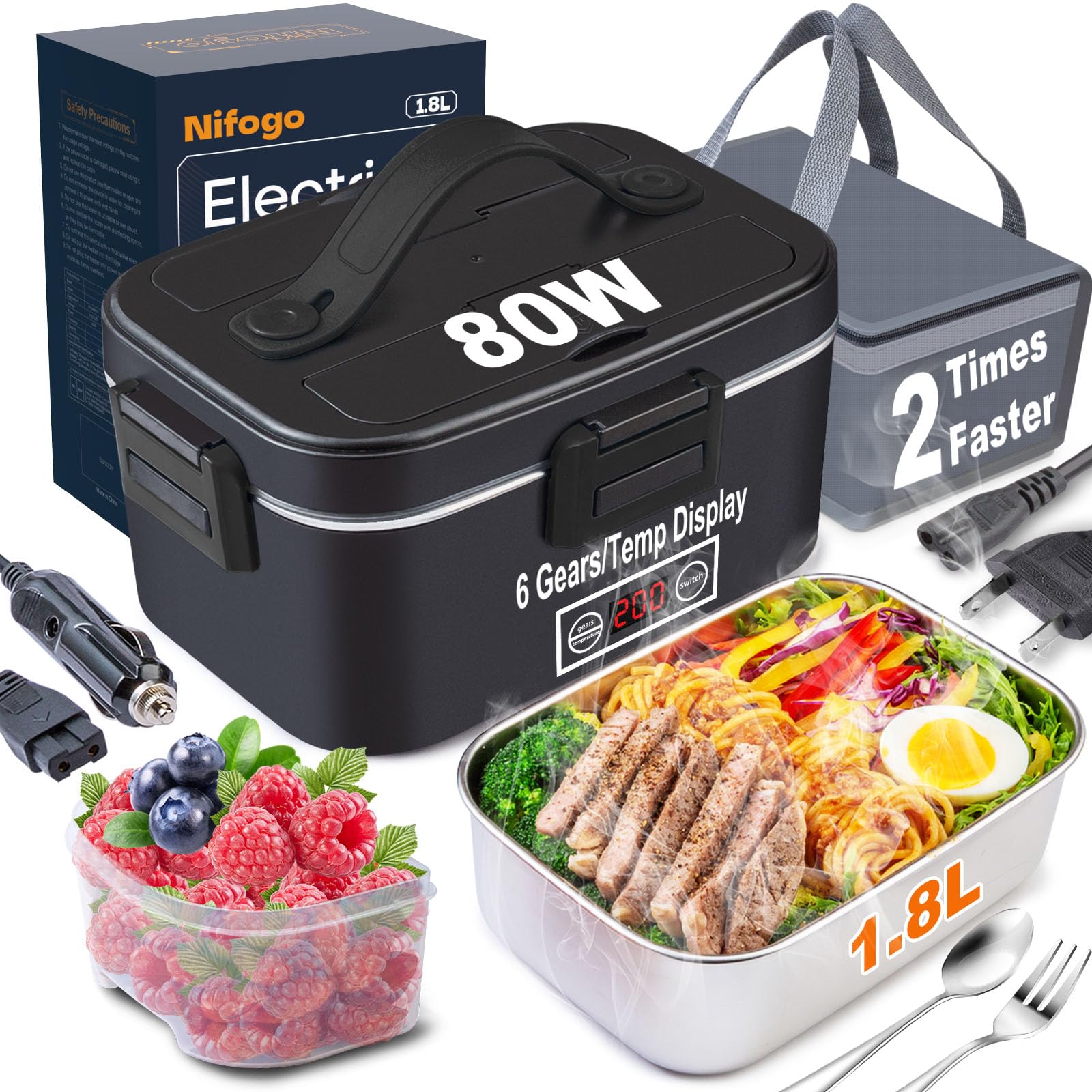 Nifogo Electric Lunch Box for Adults 80W with Temperature Display Heated Lunch Box Food Warmer Lunch Box 1.8L Stainless Steel ContainerBag 12V/24V/110V for Car/Truck/Work(Black)
