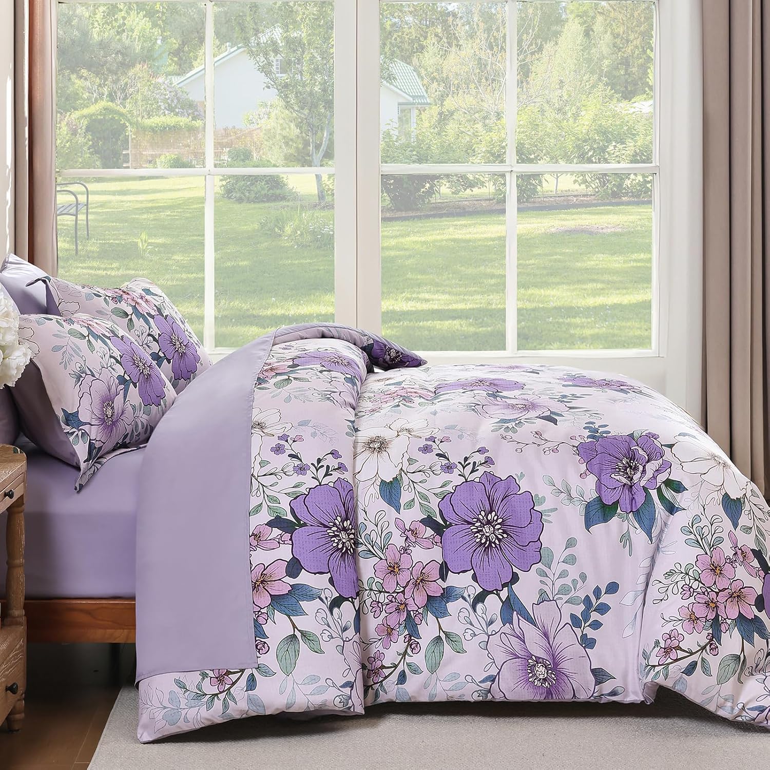 Xruibed Purple Floral Comforter Set King Size 7 Pieces Bed in a Bag Flower Comforter Set with Sheet, Pillowcases, Pillowshams, Soft Microfiber Bedding Set for All Season (King 104''x90'')