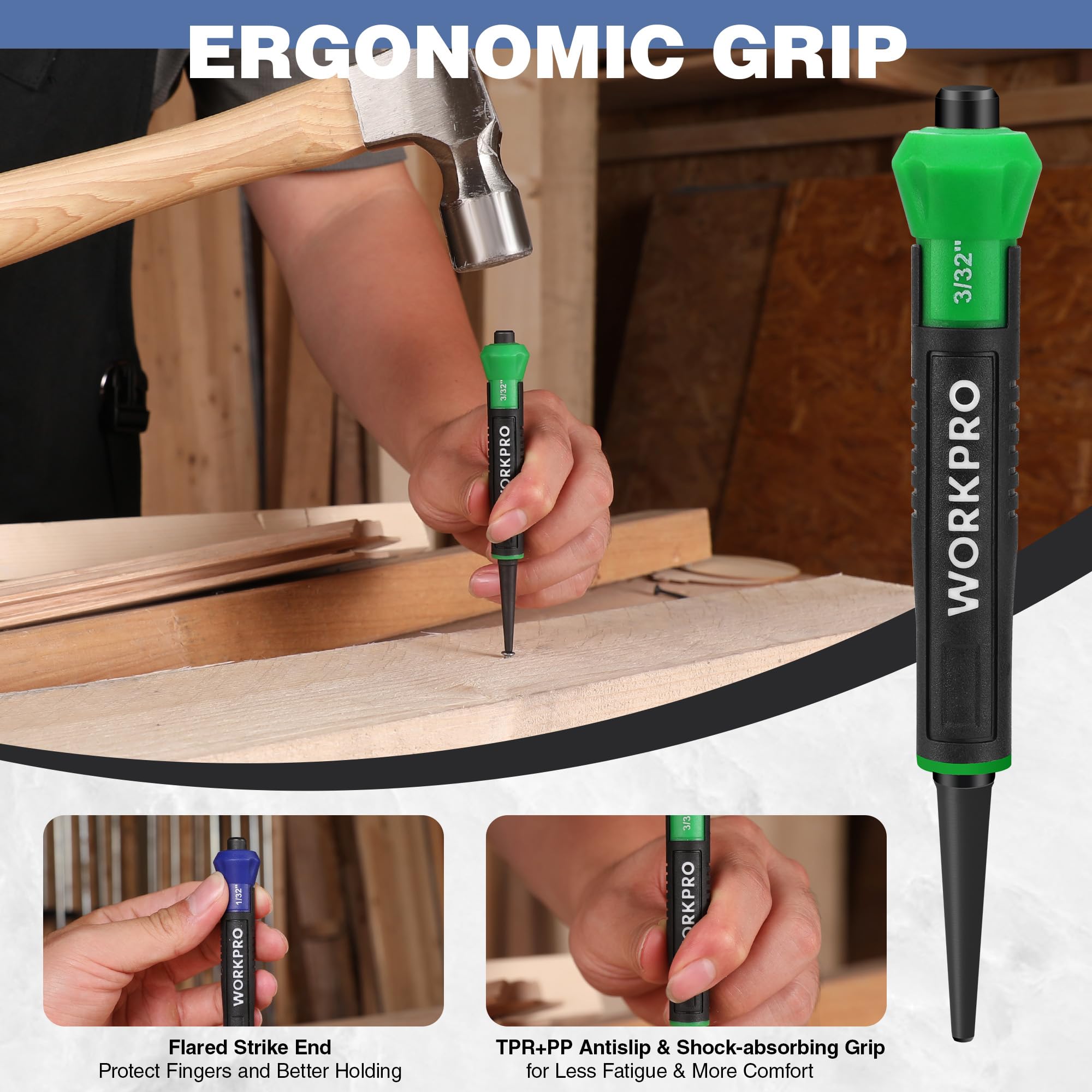 WORKPRO 3-Piece Nail Punch Set Includes 1 32 1 16 3 32 Nail Setter Color Coded Nail Set — view 4