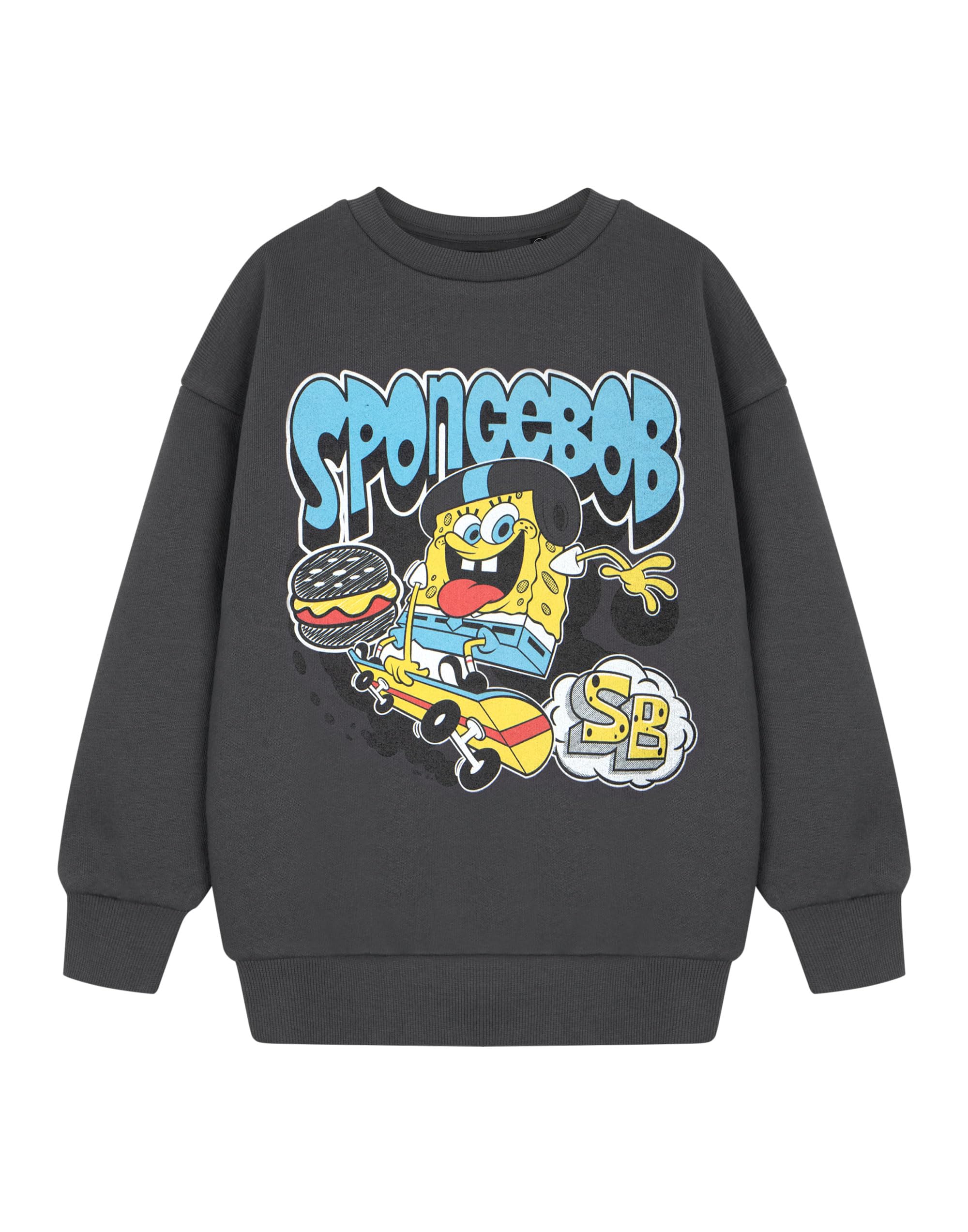 Spongebob Schwammkopf Boys Charcoal Spongebob Squarepants Grey Graphic Tee | Sb Initials Long Sleeve Cartoon Top | Classic Crew Neck Pull-On Shirt For Autumn-Winter | Casual Wear Spongebob Apparel