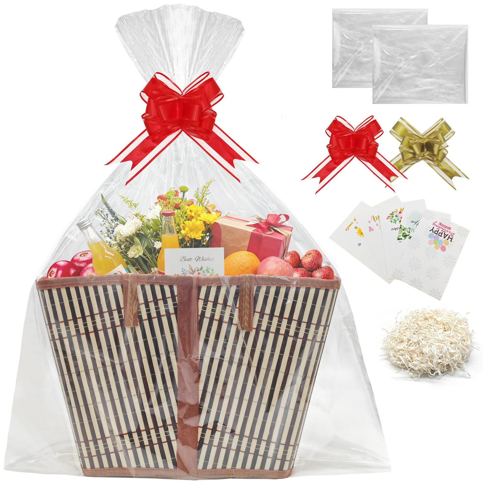 1Set Empty Hamper Basket Gift Baskets Woven Bamboo Basket with Bags, Pull Bows and Shredded Paper Gift Basket Hamper Kit for Birthday,Housewarming (Brown strip)