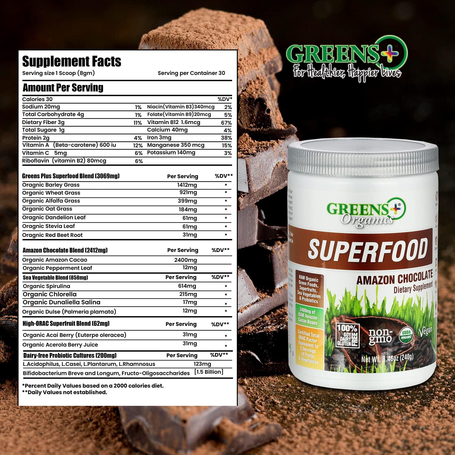 Greens+ Organic Superfood Raw Powder with Superfood Amazon Chocolate, Boost Energy, Immune Support Raw Foods, Vegan, Vitality, Non GMO, Gluten and Sugar Free Bundle (Pack of 2)