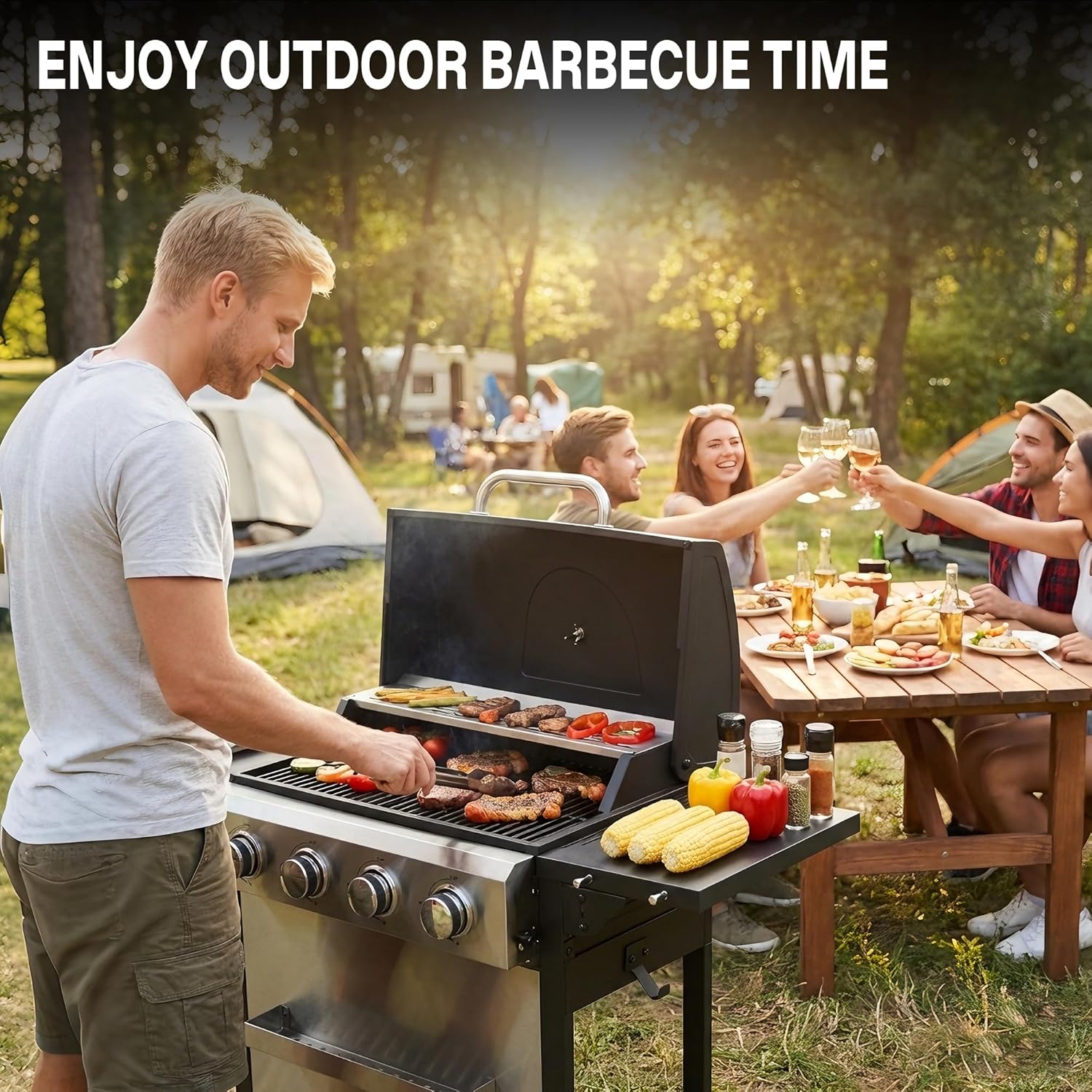 Propane Grill with Folding Side Tables, 4-Burner Gas Grill with Full-Size Grease Tray and Removable Grease Cup, 40,000 BTU BBQ Grill with Wheels for Outdoor Cooking