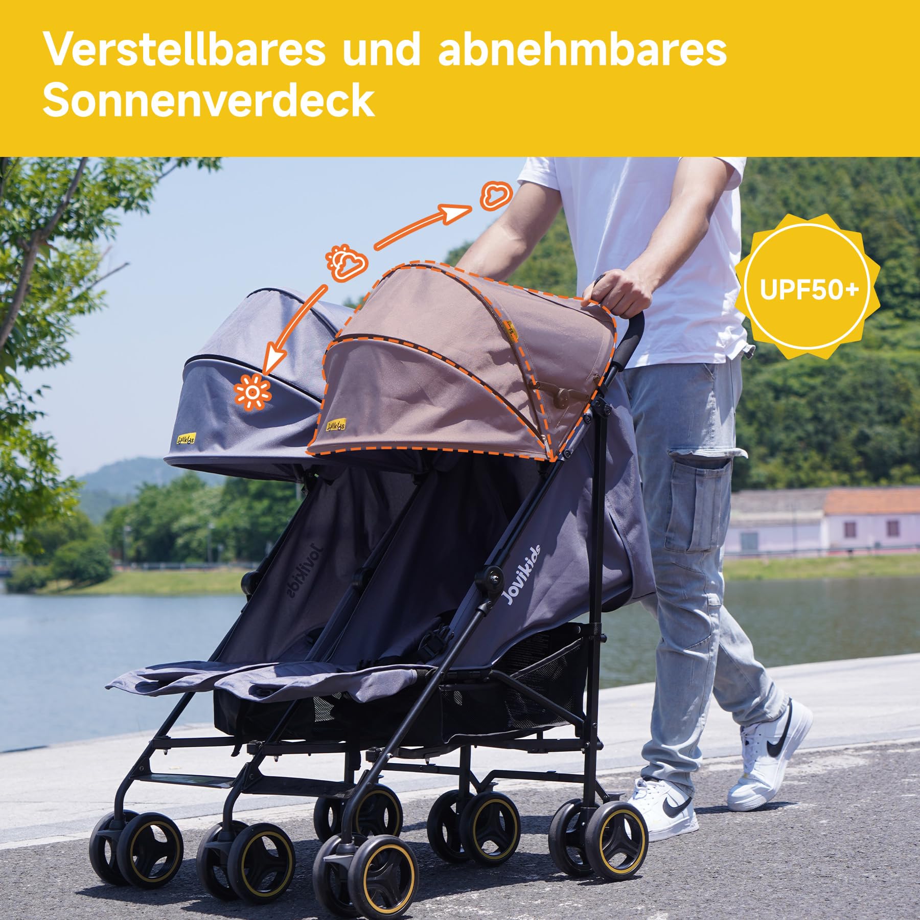 Jovikids Geschwisterwagen, Zwillingskinderwagen mit Liegefunktion, Klappbar Reisebuggy Inkl. Sonnenverdeck, Regenverdeck und Getränkehalter
