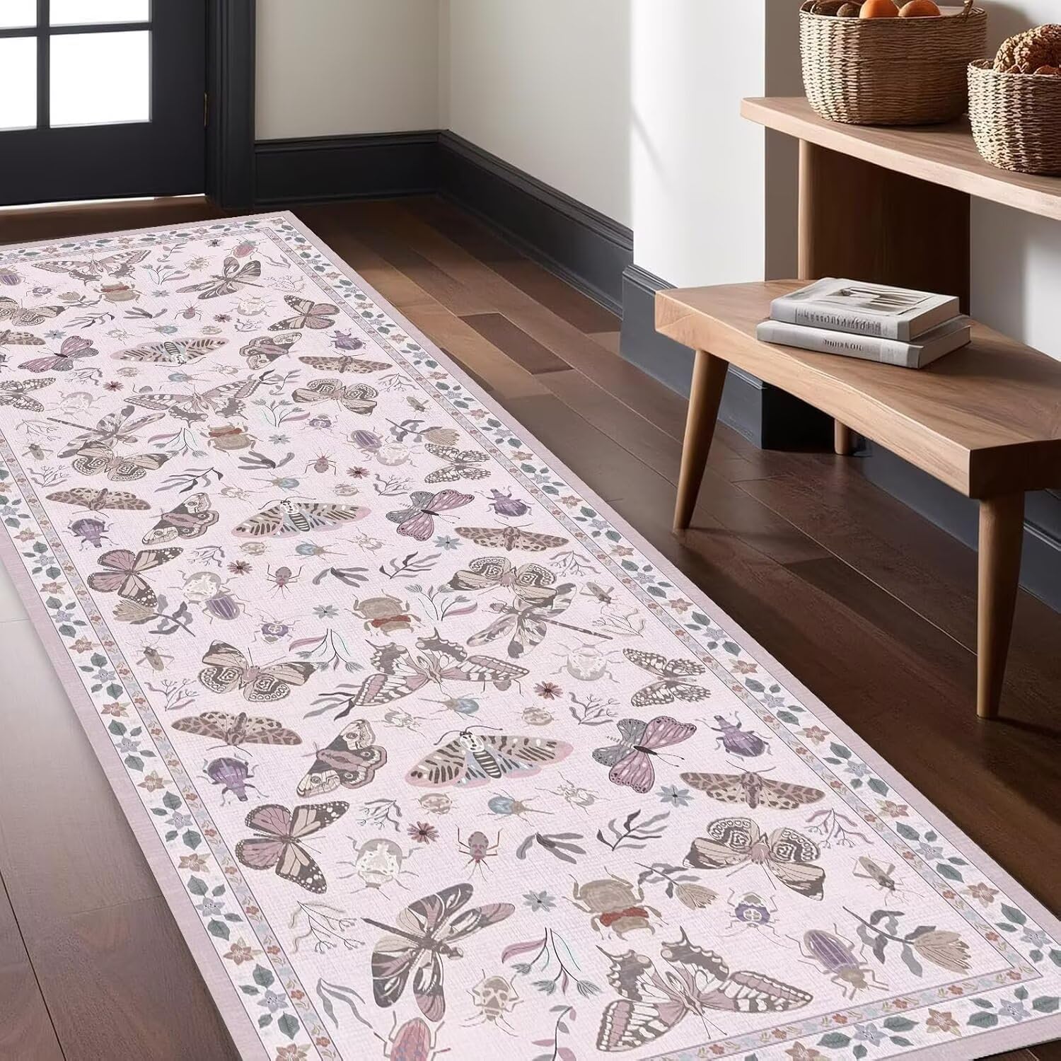 Insect Print Runner Rug 80x120cm, Light Pink Vintage Spring Summer Farmhouse Butterfly Washable Rug, Non Slip Soft Ultra-Thin Kitchen Runners Low Pile Carpet for Hallways Entryway Laundry Room Bath