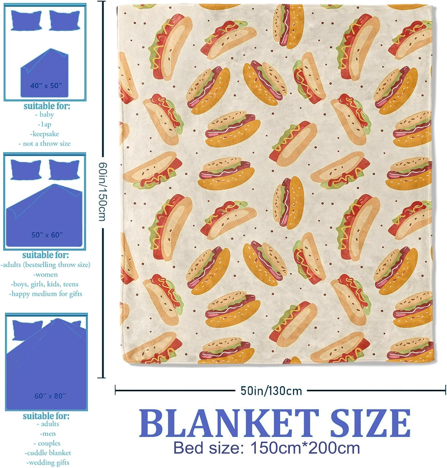 Fun Fast Food Hot Dog Throw Blanket for Women Girls Boys, Soft Flannel Blankets Gifts for Living Room Couch, Home, Sofa Decor, 50"x60"
