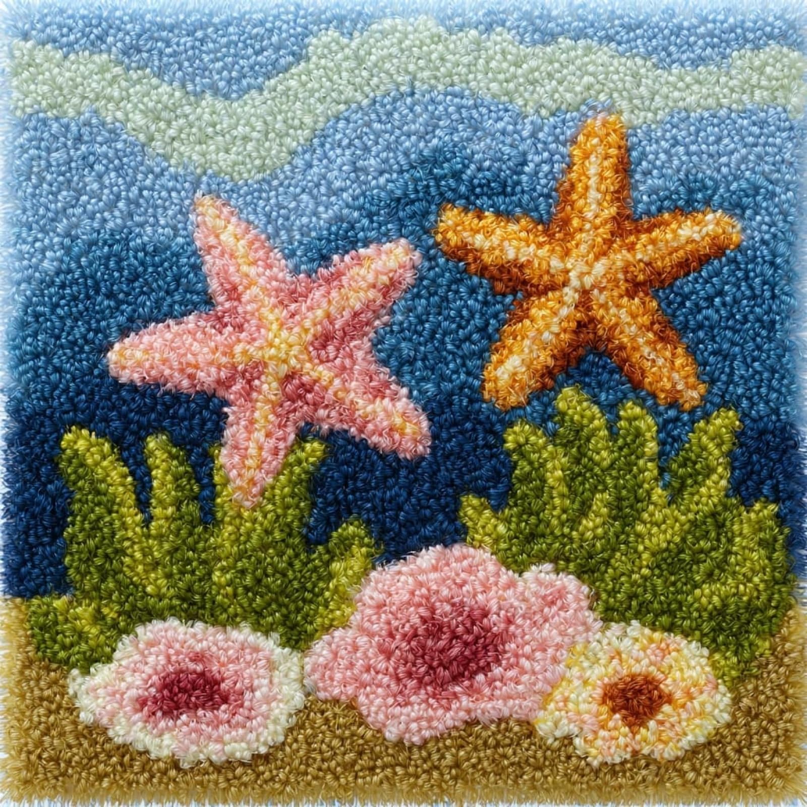 AxiangziK Latch Hook Pillow Making Kit 43x43cm,Starfish and Flowers Complete Set with Hook Tool & Instructions - Sofa Cushion Cover DIY Craft for Adults