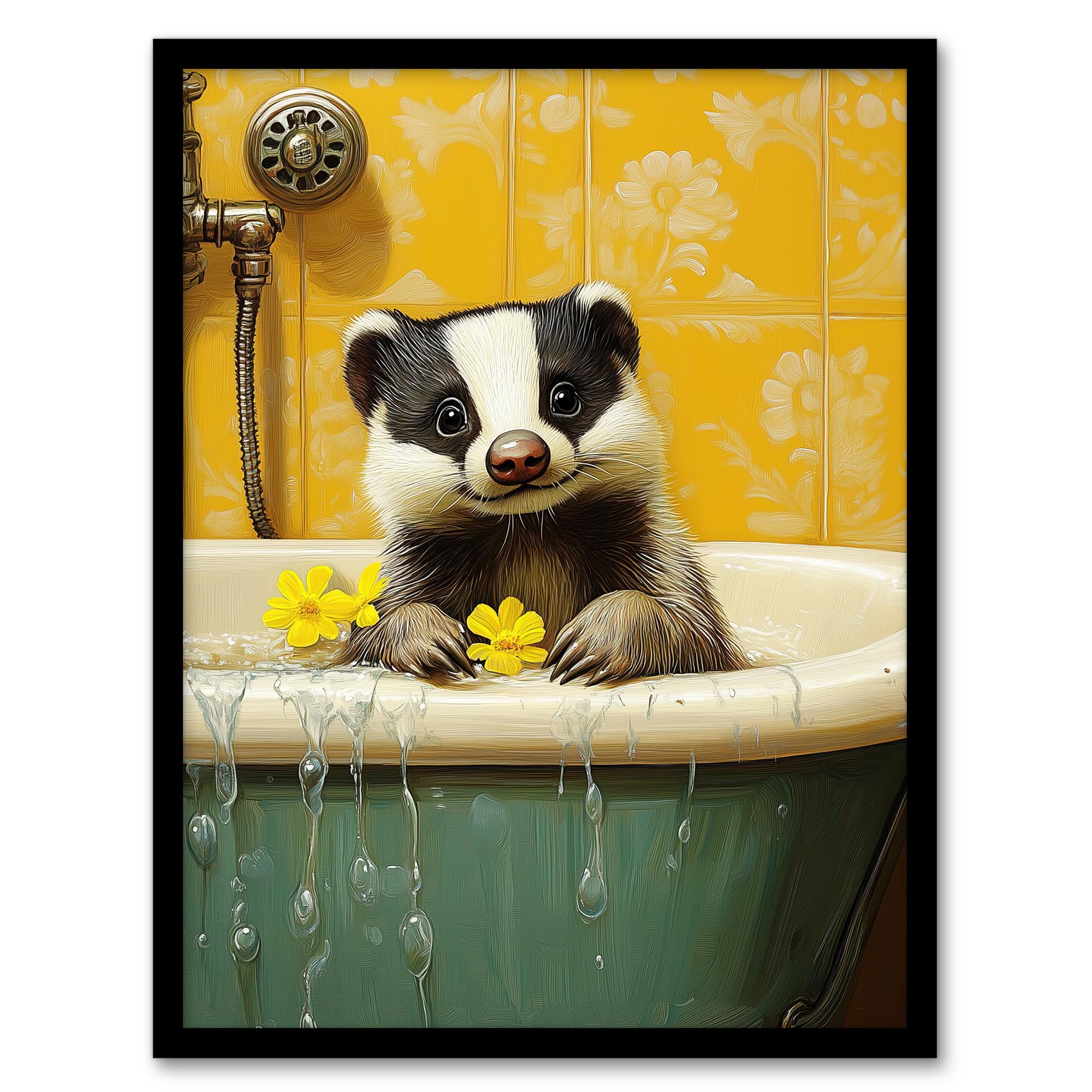 Artery8 Cute Badger in Bathtub Yellow Daisy Theme Bath Bathroom Toilet Artwork Framed Wall Art Print A4