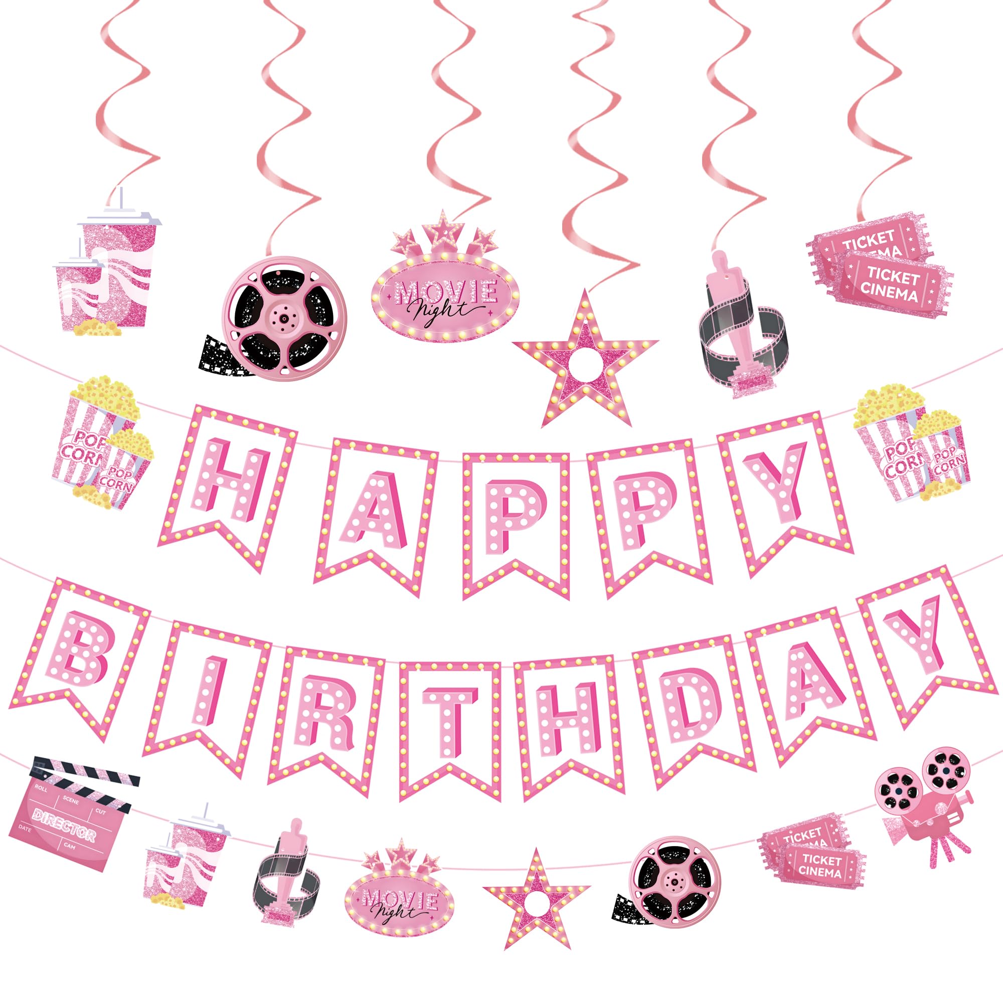 Pink Movie Night Party Decorations Kit – 2pcs Popcorn, Camera & Film Theme Happy Birthday Banner, 1pcs Movie Night Bunting Garlands, 6 Hanging Swirls