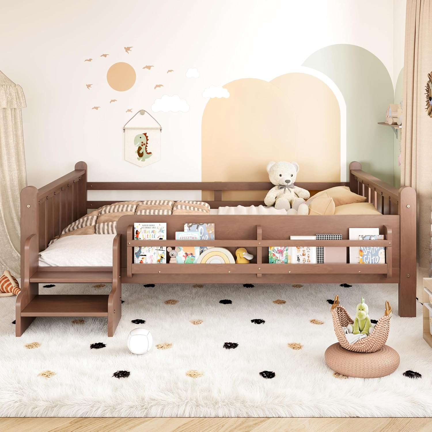 LUMISOL Full Size Platform Bed Frame for Kids, Solid Wood Bed Frame with Bookshelves and Stairs, No Box Spring Needed, Natural