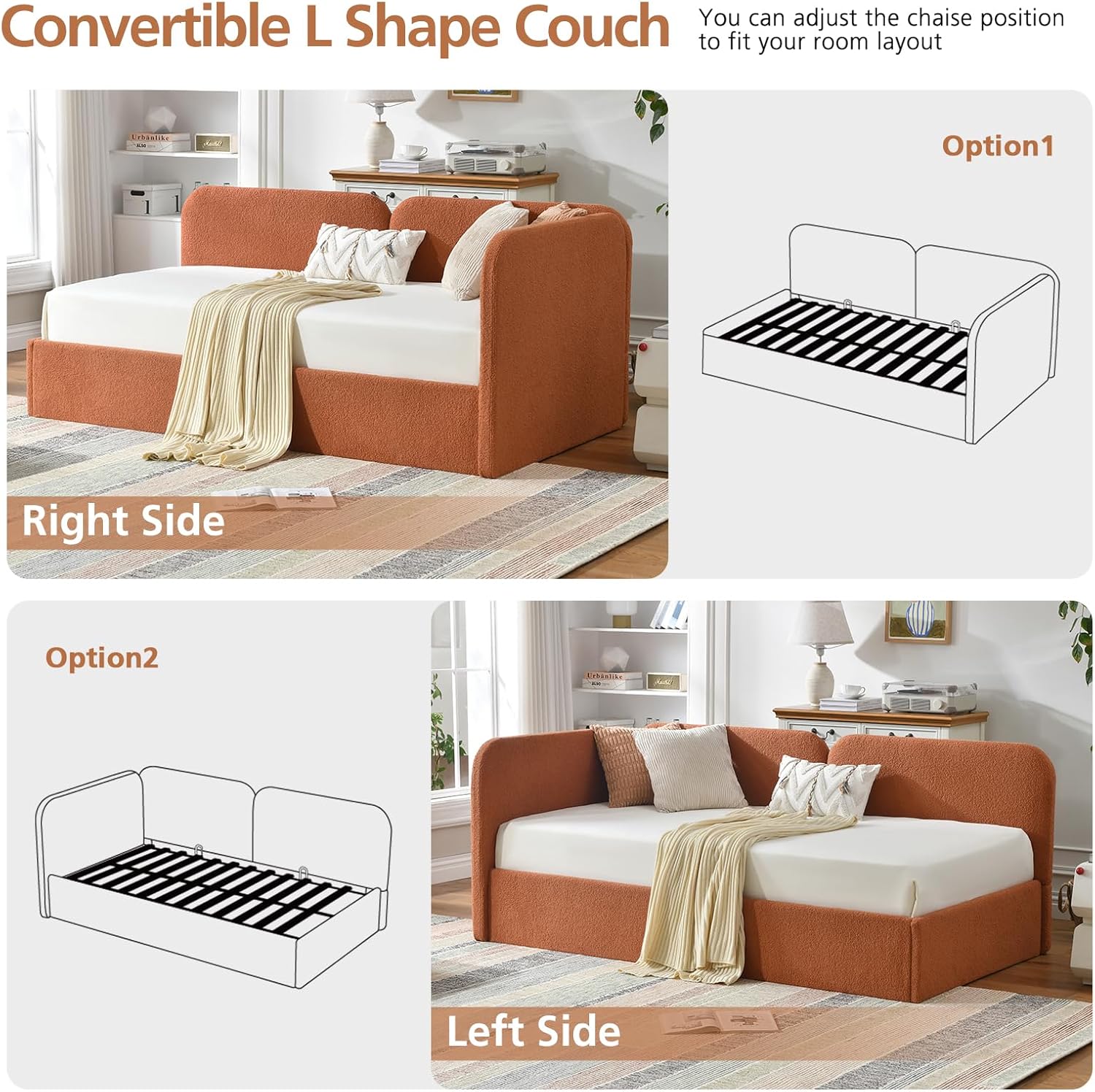 VELOCAVA Twin Size Upholstered Daybed with Lift-Up Storage, Orange Boucle Textured Corner Bed with Reversible Armrest and L-Shaped Design, Under-Bed Gas Lift Storage for Bedroom or Apartment