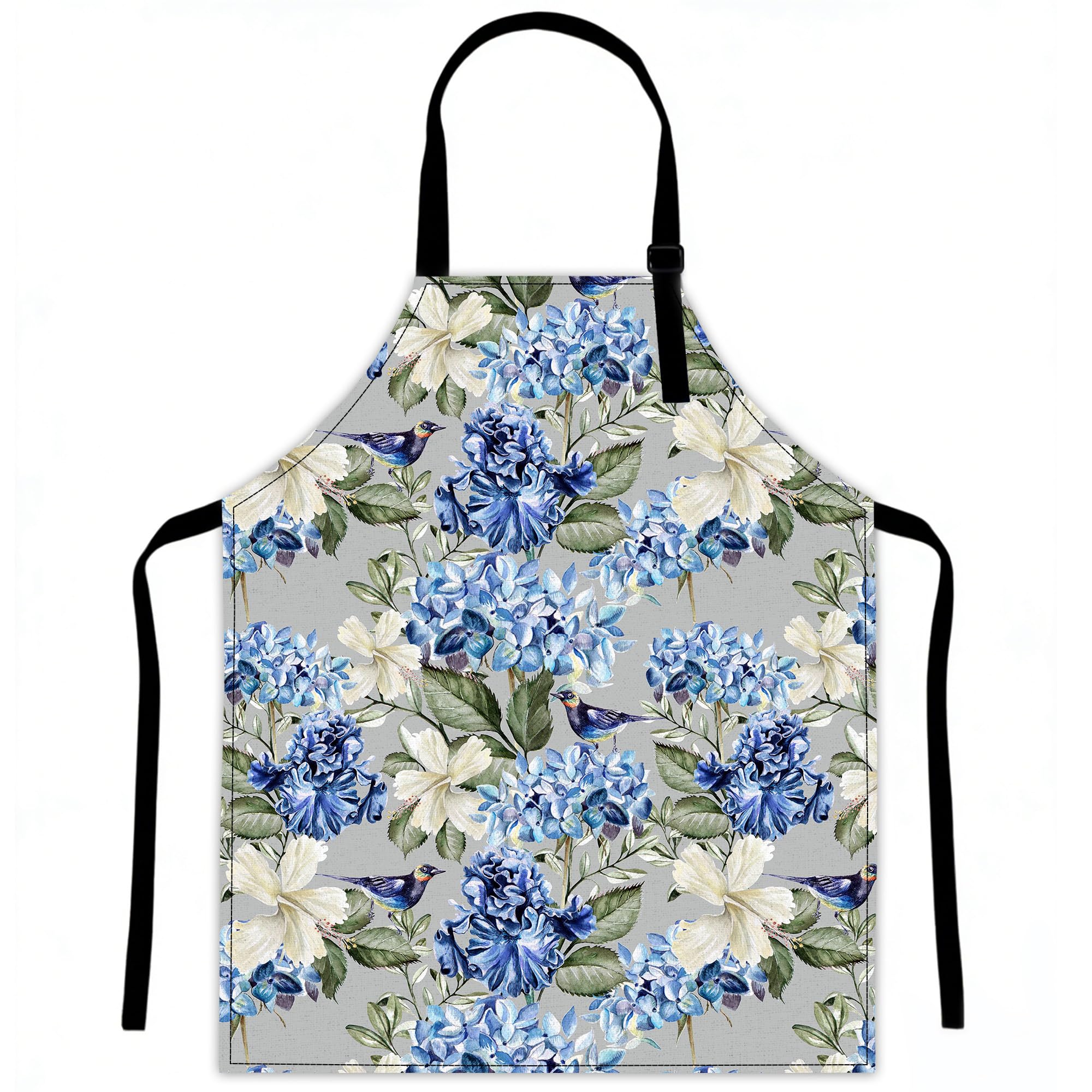 LQEBUY Blue Hydrangea Bird Aprons for Women Kitchen Cooking White Hibiscus Flowers Apron Adjustable Bib for BBQ Coffee House Home Restaurant Craft Garden