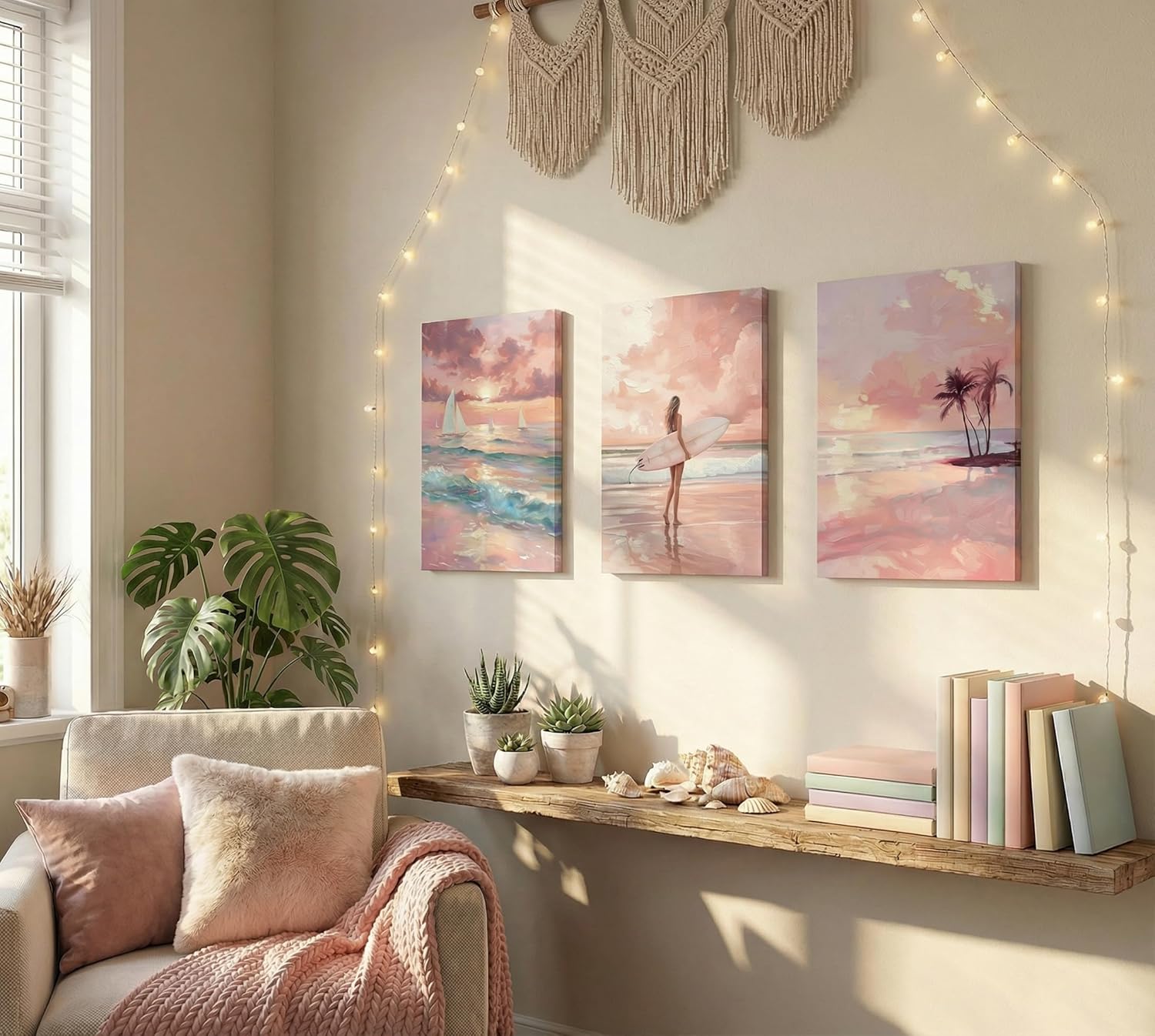 FTQYQLD Pink Beach Wall Art Textured Canvas Ocean Painting Coastal Decor, 3 Piece Surfer Girl Sunset Pictures Aesthetic Room Decor Preppy Artwork for Bedroom Bathroom Living Room, 12x16 inch