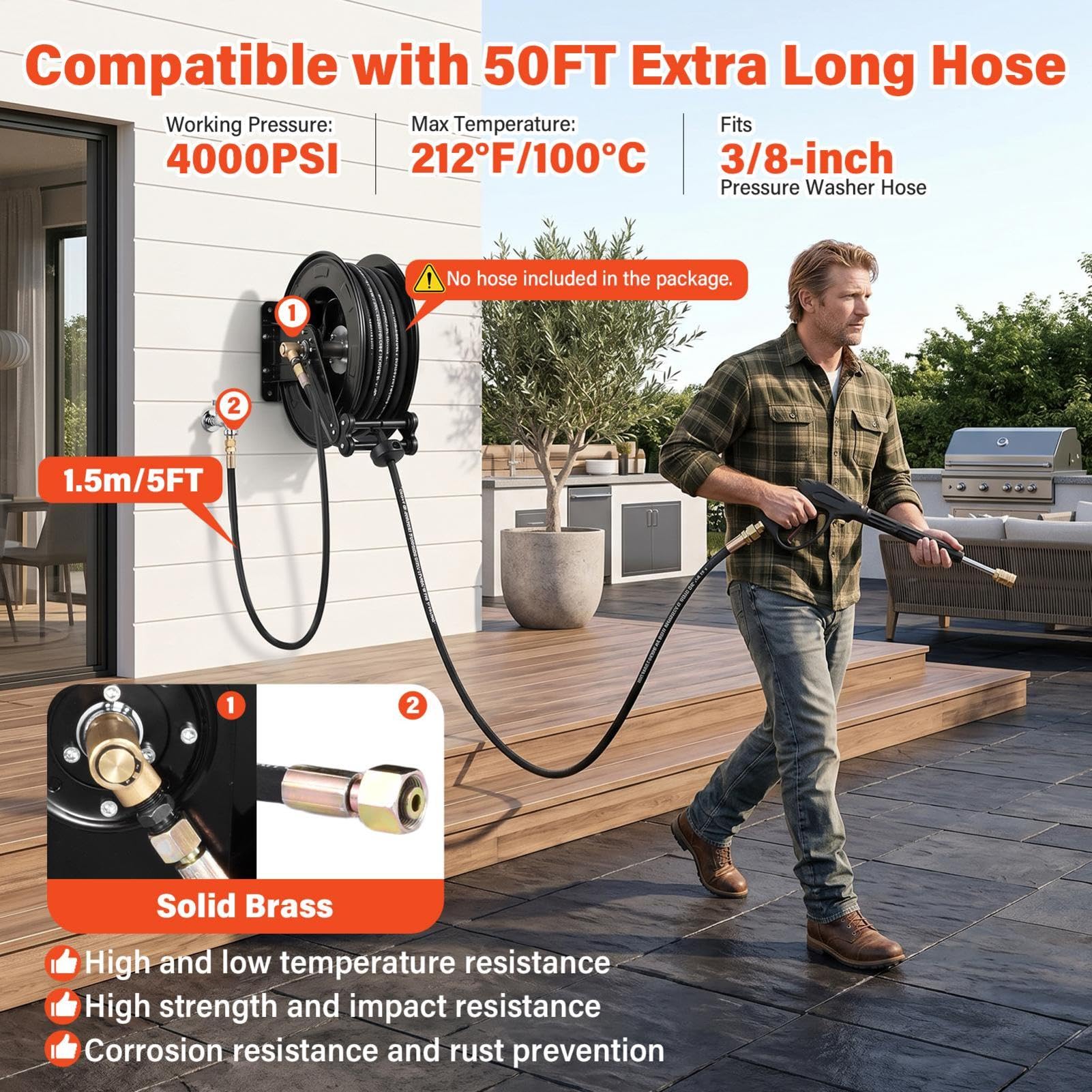 Carrete de manguera retráctil de alta presión de acero pesado retráctil automático de 15 m x 0,95 cm con manguera corta de 1,5 m, 4000 PSI con articulación giratoria de 360 grados
