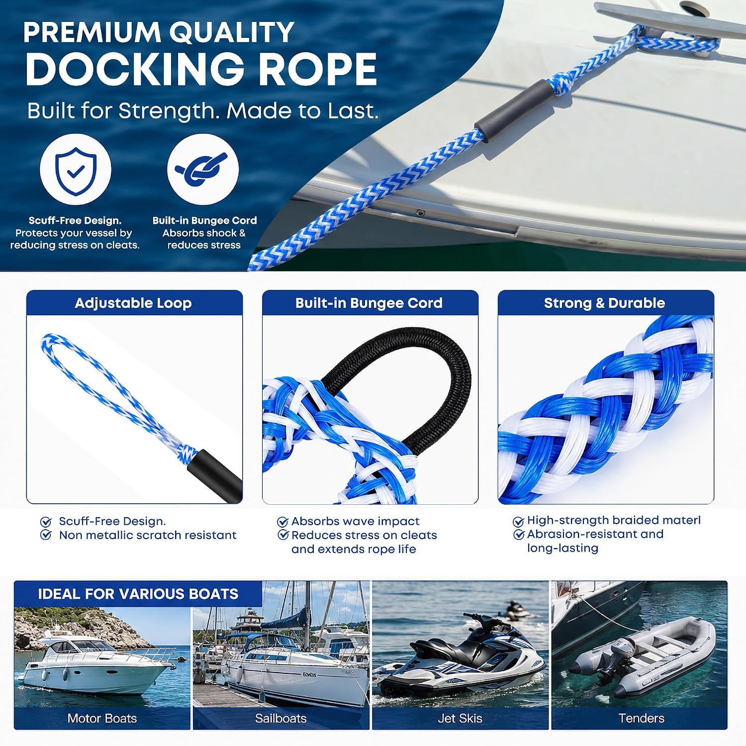 Boat Bungee Dock Lines, Scratch-Free Loop Ends Mooring Rope, Shock Absorbing Pontoon Tie Down Accessories Compatible with Models for Jet Ski（3ft-2 Pack-Blue&White Stripes）