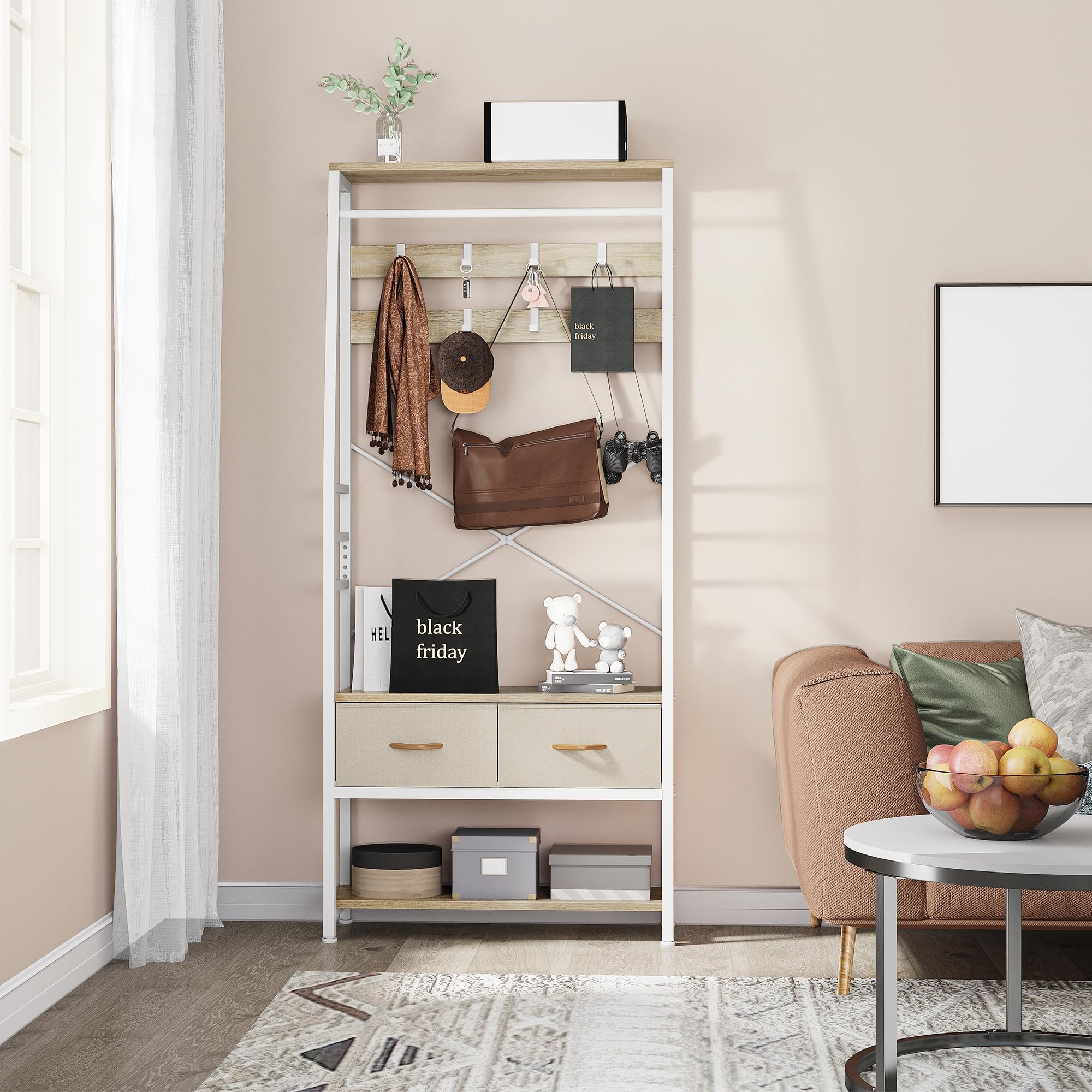 YITAHOME Appendiabiti, Attaccapanni da Ingresso 6 in 1 con 2 Cassetti, Porta Abiti da Terra con Vano Portascarpe, Asta Appendiabiti in legno e Metallo, per Soggiorno Ingresso, Bianco e rovere