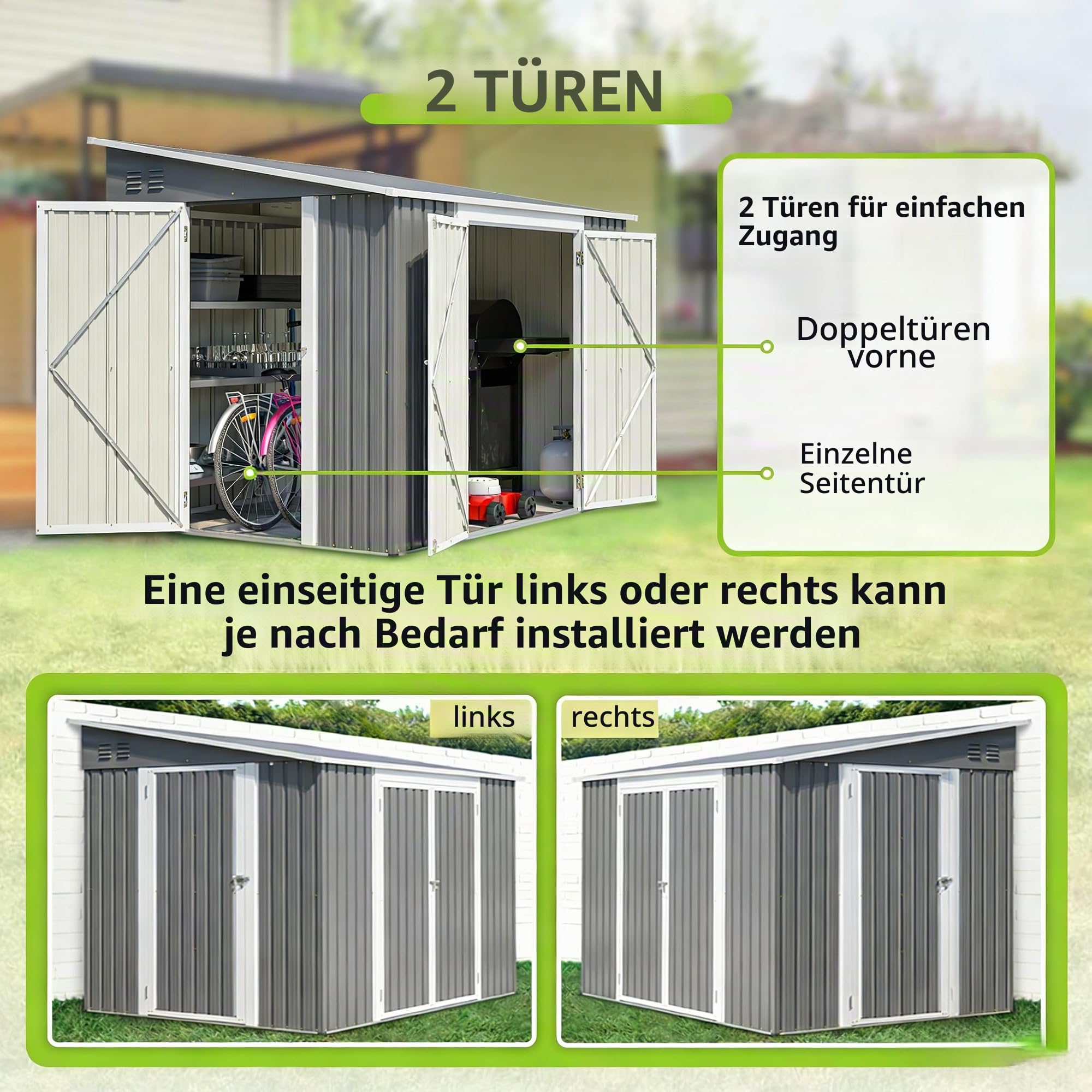 Metall-Geräteschuppen 1,8x2,4m mit Boden, Doppeltür, wasserfest, Garten