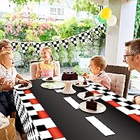 Vista 5 de 2 manteles de plástico desechables con diseño de automóvil de carreras, con diseño de bandera a cuadros negros, mantel rectangular para niños
