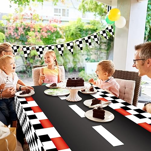 Miniatura 5 de 2 manteles de plástico desechables con diseño de automóvil de carreras, con diseño de bandera a cuadros negros, mantel rectangular para niños,