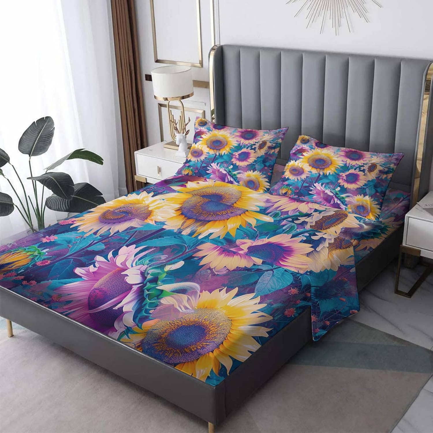 Sunflower Sheets Twin XL Size, Floral Plant Bed Sheets, Patterned Bedding Sheets & Pillowcases 3 Piece Set - Soft Microfiber Deep Pocket Fitted Sheet & Flat Sheet & Pillow Case N&-A87