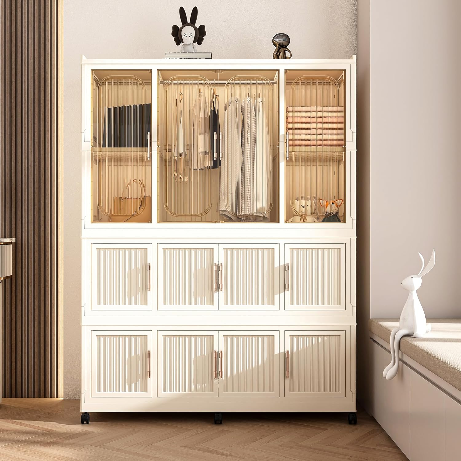 Leavader Portable Wardrobe Closet, Large Collapsible Plastic Wardrobe with Wheels, Foldable Clothes Storage Cabinet with 10 Shelves, 1 Hanging Rod and 6 pcs Hangers