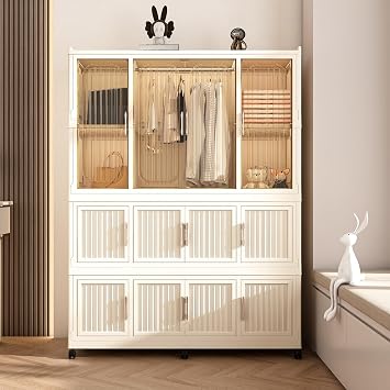 Portable Wardrobe Closet Organizer, Large Kids Wardrobe Closet with Magnetic Doors and Wheels, Collapsible Plastic Baby Clothes Storage Cabinet, 12 Cubes and 1 Wardrobes 17.7"D x 48"W x 62.2"H