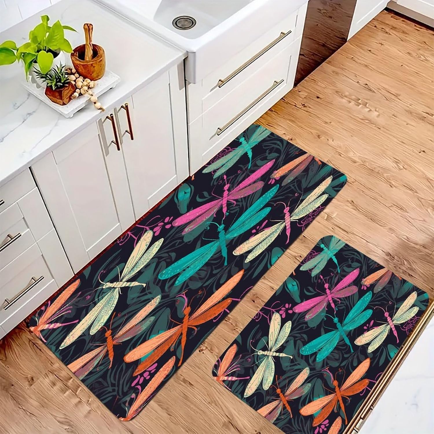 Cute Dragonfly Kitchen Mat Kitchen Rug Set | Kitchen Rugs Flannel Velvety Washable breathable Water Absorbent Soft ，kitchen utensils for Kitchen, Floor,Laundry