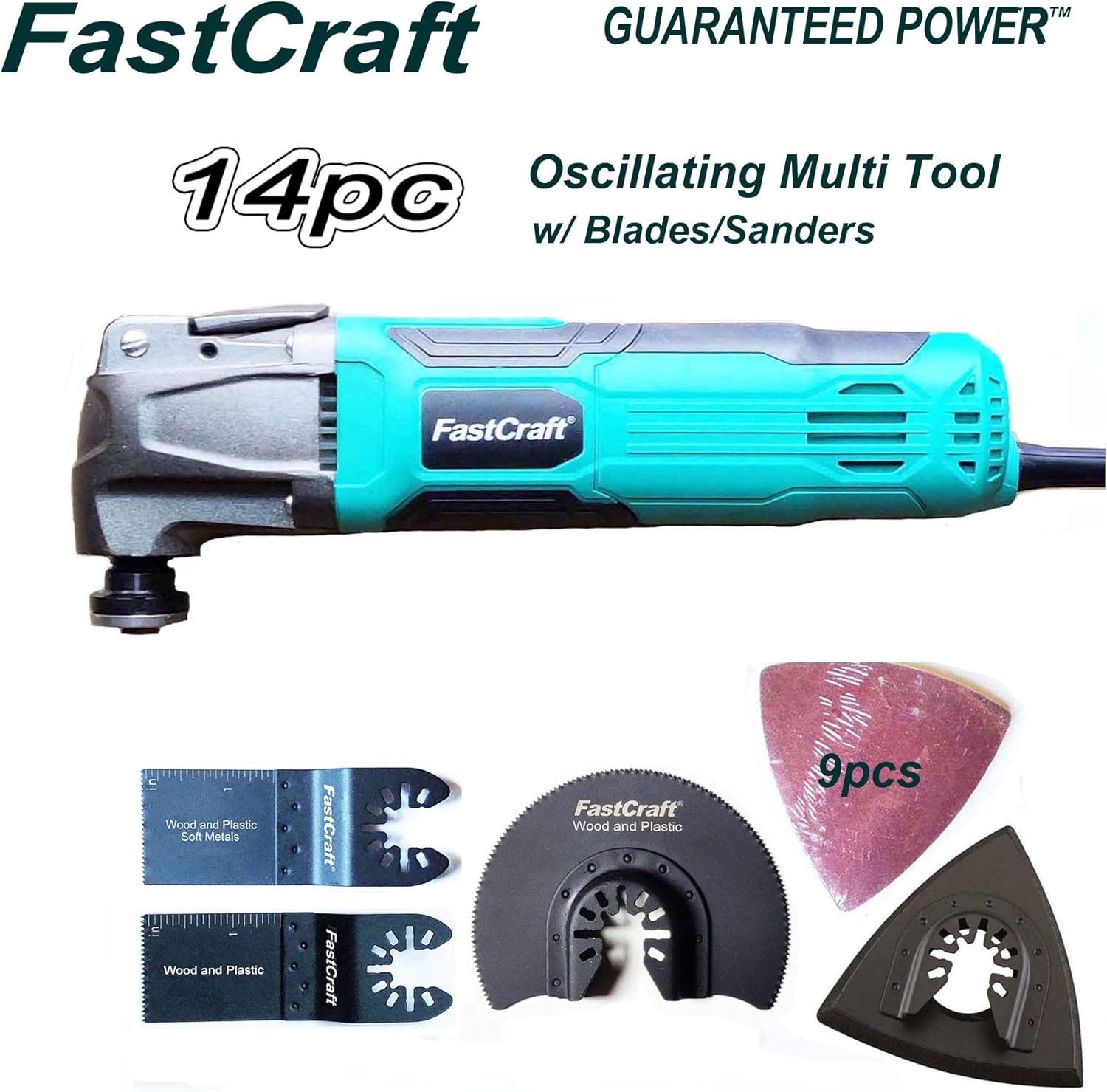 14pc Oscillating Tool Kit PRO Model 86225-1 Corded 5.0Amp PEAK GUARANTEED POWER (Rated 2.4A/Keyless Blade Change/6 Speeds/3-4 Angle Cut) +13pc Blades/Sanders [BULK No Box No Tote]