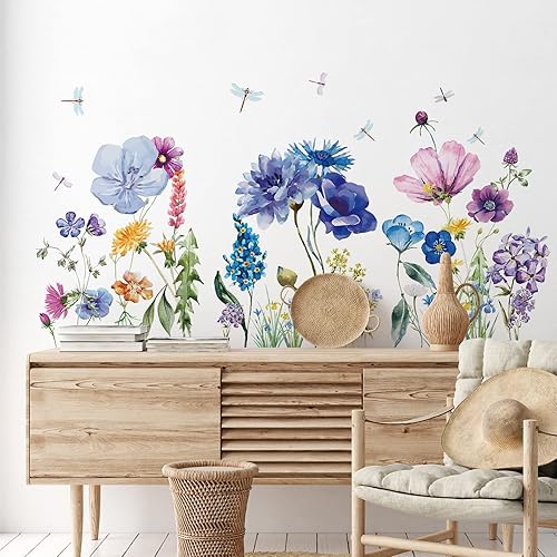 Miniatura 9 de 6 calcomanías de pared con flores, de vinilo, libélulas, flores, calcomanías de pared removibles, murales de pared florales para despegar y pegar,