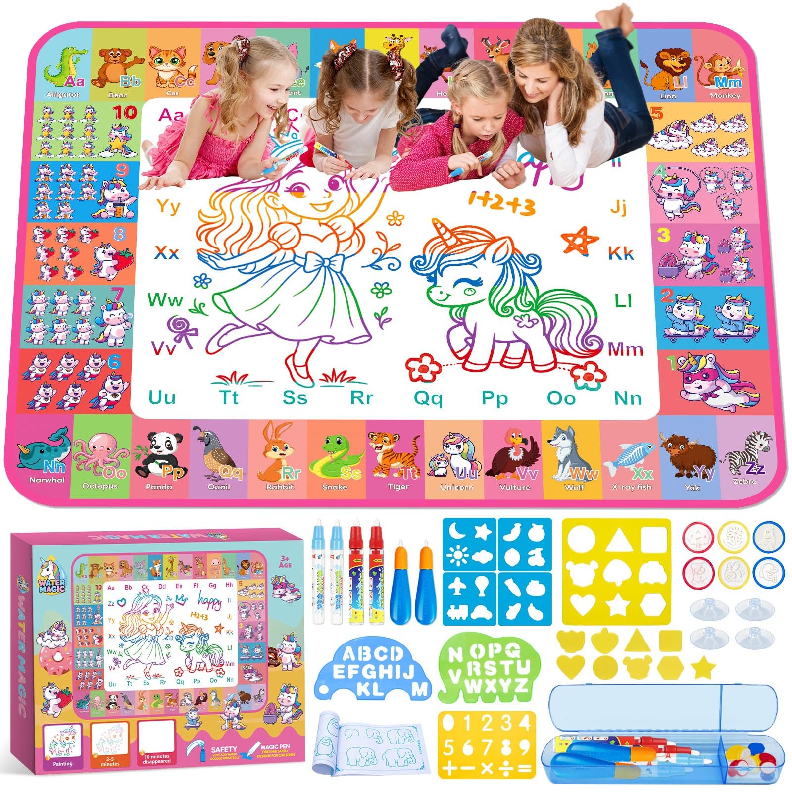 Aqua Water Doodle Mat 48 X 40 Inches, Extra Large Water Drawing Mat for Kids Gifts for 3 4 5 6 7 8 Year Old Girls Boys Kids Unicorn Gift Educational Toys for Boys Girls Age 3 4 5 6 7 8 Year Old