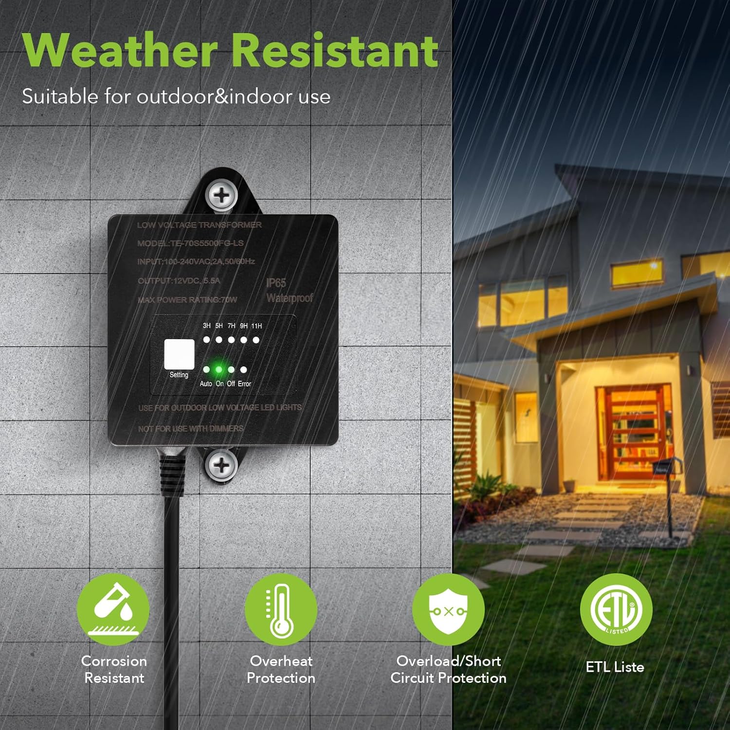 70W Low Voltage Landscape Transformer with Timer and Photocell, AC 120V to 12V DC,Waterproof Outdoor Landscape Lighting Transformer for Landscape SpotLights Pathway Lights