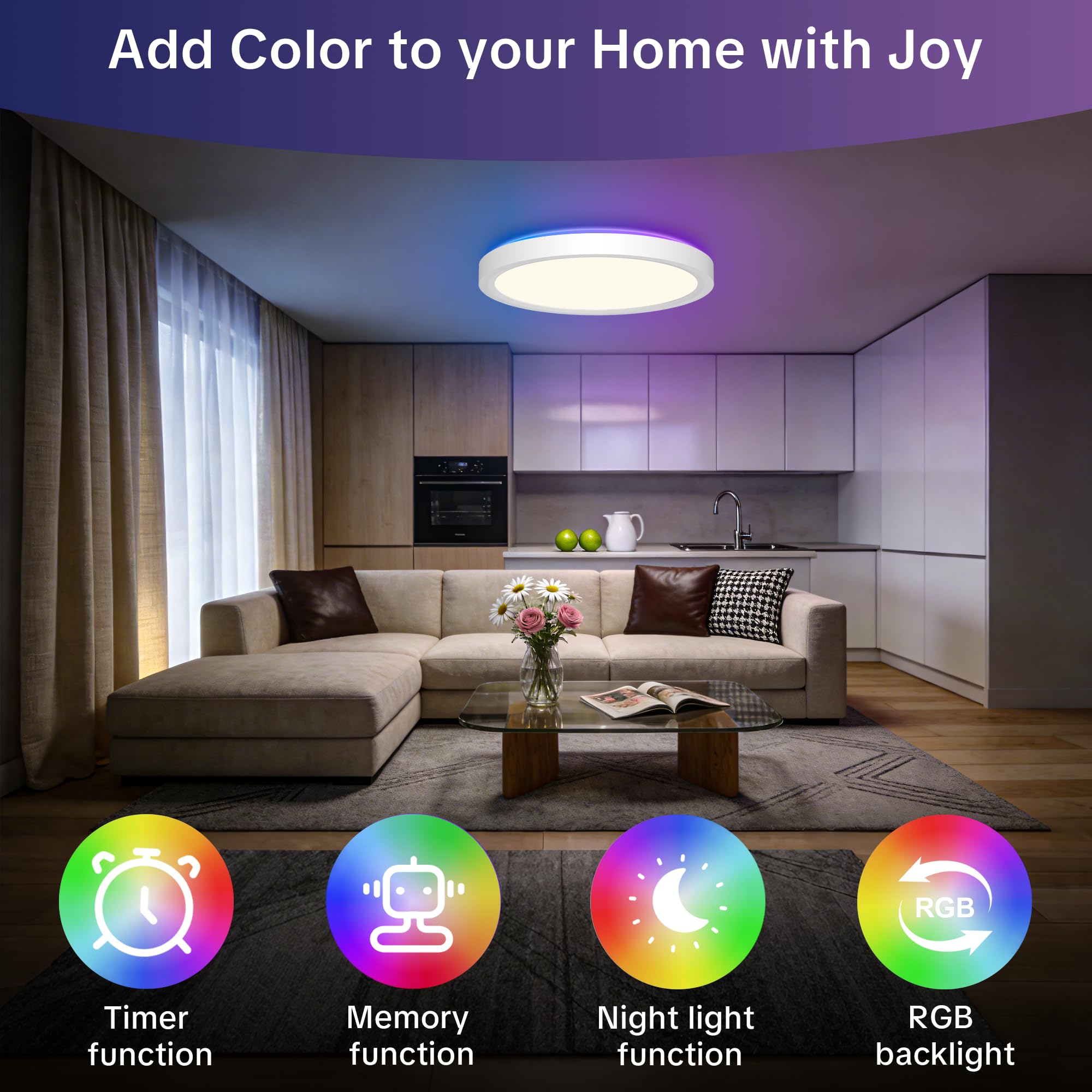 LED Deckenleuchte Dimmbar 50CM, 36W RGB Deckenlampe Farbwechsel mit Fernbedienung, 2700K-6500K Flach Badezimmer Lampe Decke für Bad Kinderzimmer Schlafzimmer Wohnzimmer, Rund