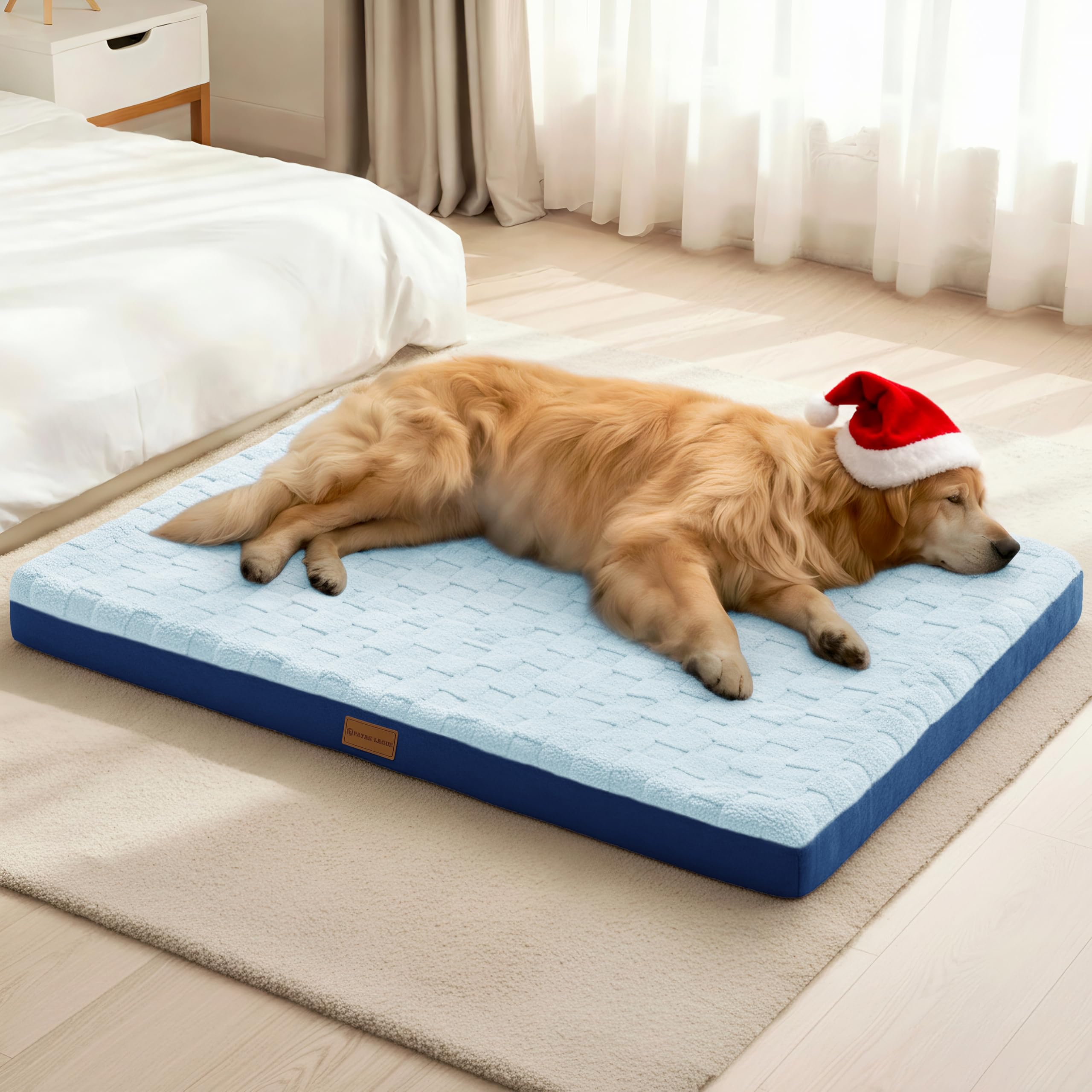 Patas Lague Orthopedic XL Dog Bed Large Sized Dog 42''X28'', Waterproof Soft Comfortable Egg Crate Foam Large Pet Beds Crate Mat with Removable Washable Cover and Nonskid Bottom, Blue