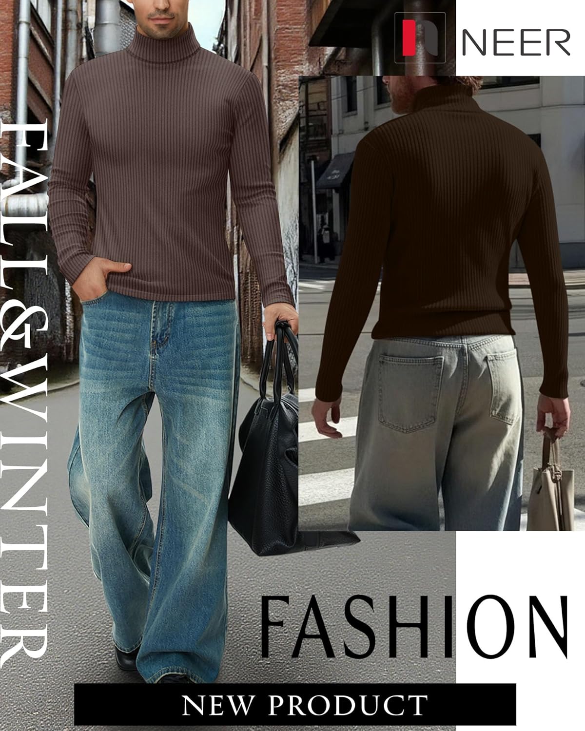 Neer 3 Pack Men's Turtleneck Long Sleeve Shirts Ribbed Sweater Mock Neck Pullover Tops Casual Knit Slim Fit Layer Basic Tee - Image 5