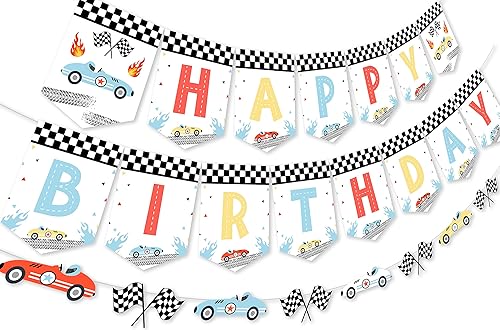 Funmemoir Decoraciones vintage de cumpleaños de coche de carreras, pancarta y guirnalda de feliz cumpleaños, retro pastel de carreras de autos de