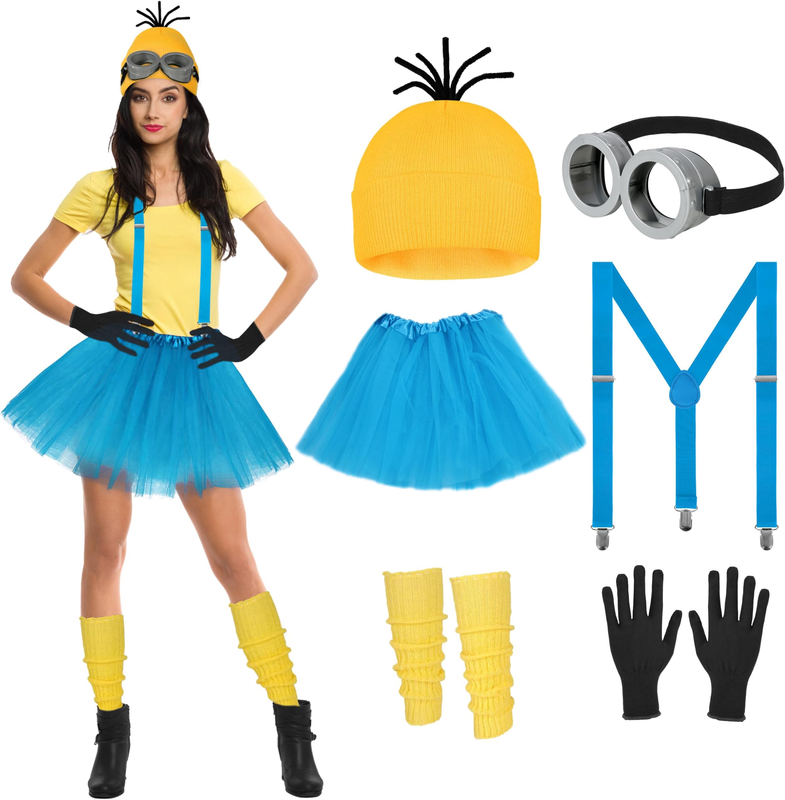 QTUN 6PCS Women's Halloween Costume Accessories Yellow Cosplay Fancy Dress Set with Yellow Beanie Hat Goggles Gloves Suspenders Tutu Skirt Leg Warmer for Halloween Cosplay Dress up Outfits — image 1