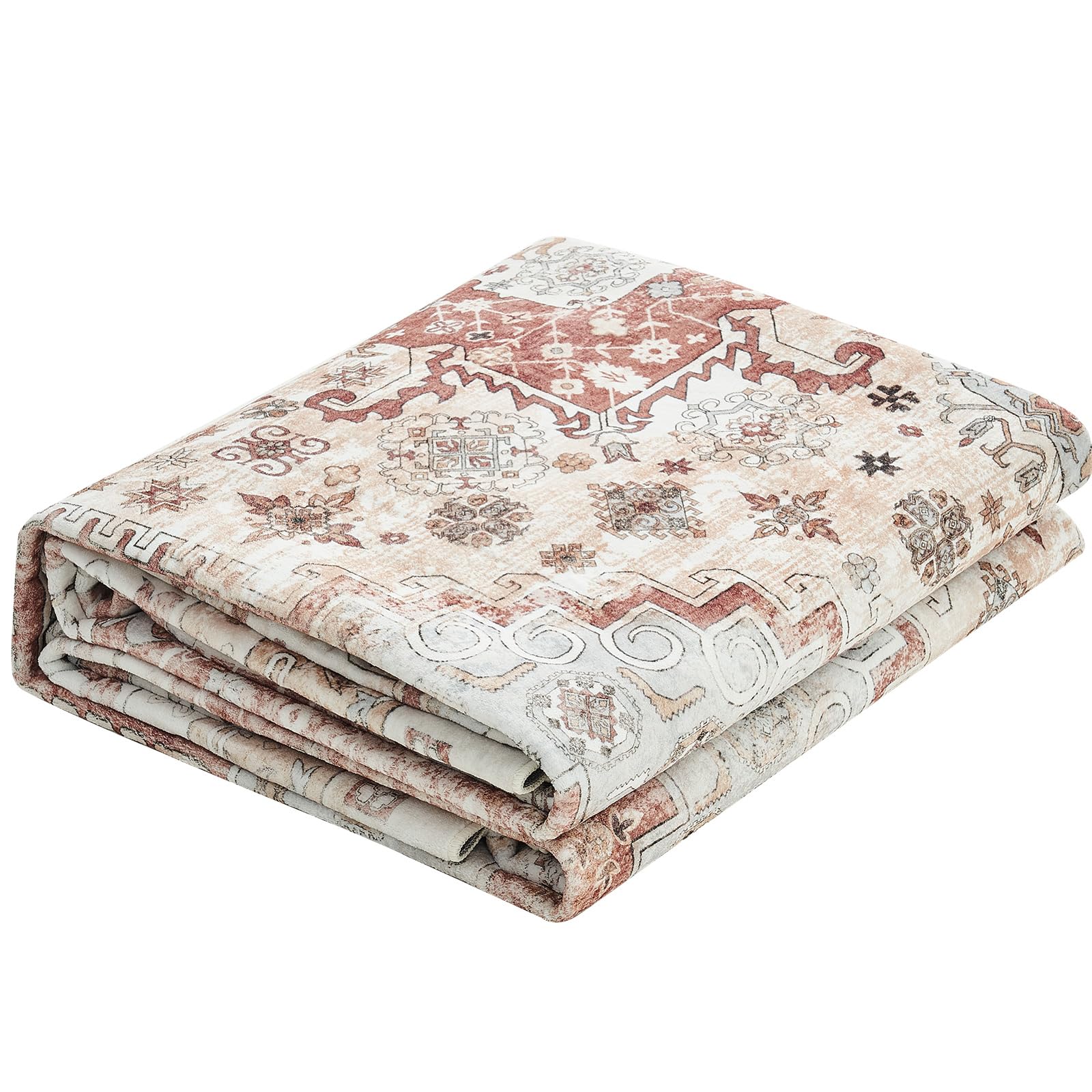 VEVOR Tapis Salon, 2,4 x 3 m, Grand Tapis Chambre Lavable et Antidérapant, Poils Courts et Denses, Résistant aux Griffures Animaux, Doux, Style Vintage, pour Chambre, Bureau, Entrée, Marron et Rouge