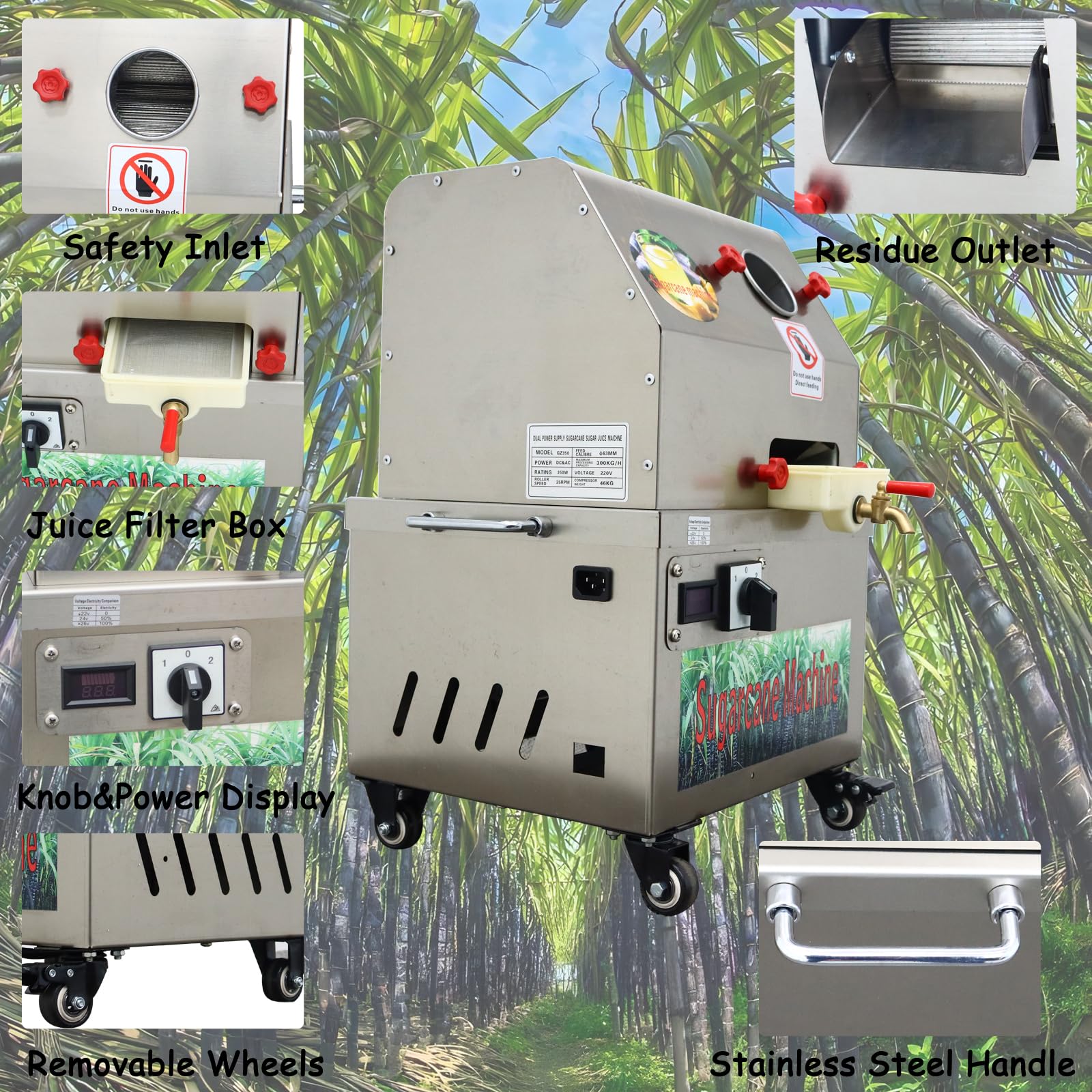 Extractor eléctrico de jugo de caña de azúcar de 24 V CC o 110 V CA, 350 W, exprimidor vertical de jengibre de caña de azúcar de acero inoxidable con perilla ajustable 3