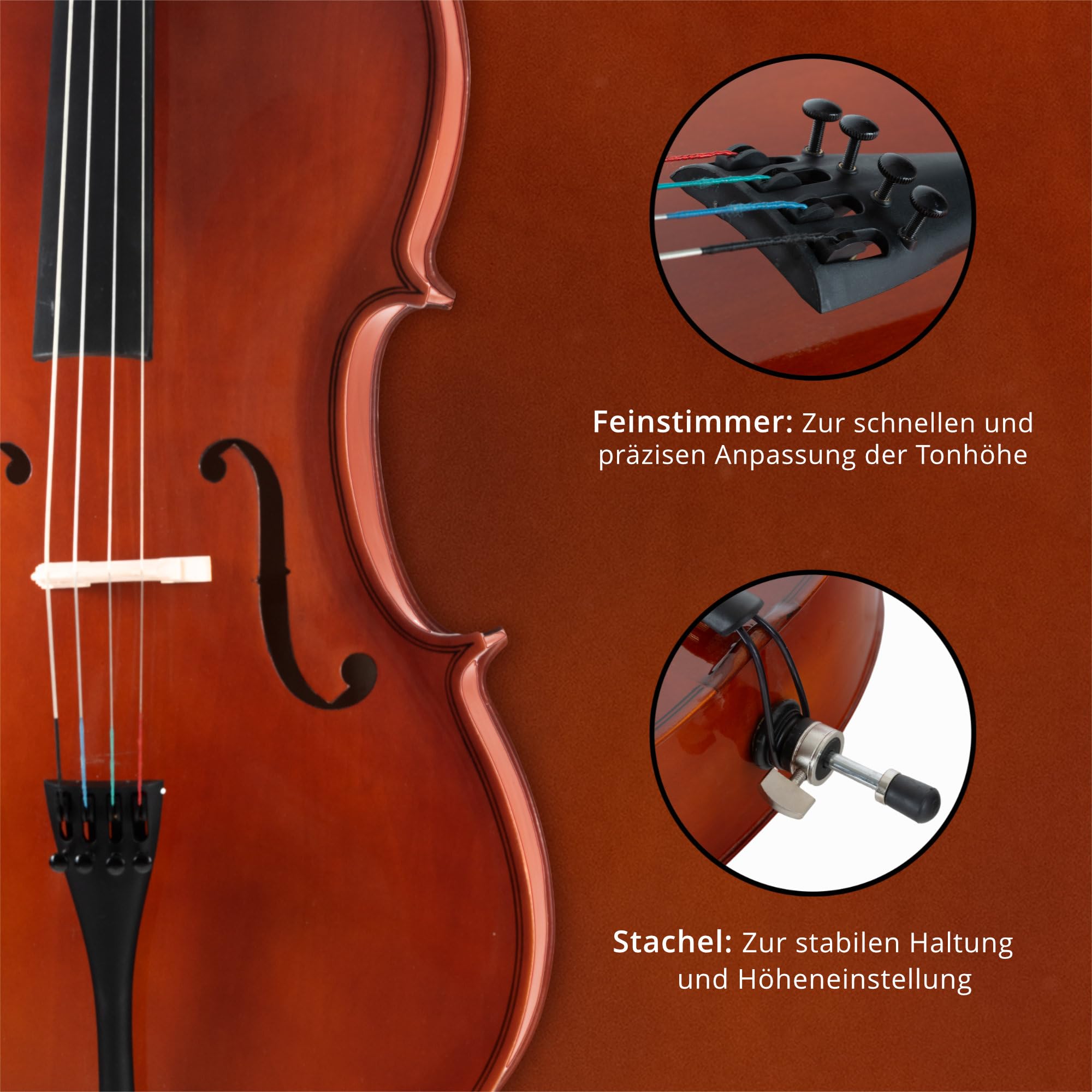 Classic Cantabile CP-100 1/2 Cello Set, Decke: Fichte, Boden, Zargen | Hals, Griffbrett, Wirbel und Steg: Ahorn, Saitenhalter aus Karbon, Vier Feinstimmer, Höhenverstellbarer Stachel, Größe: 1/2