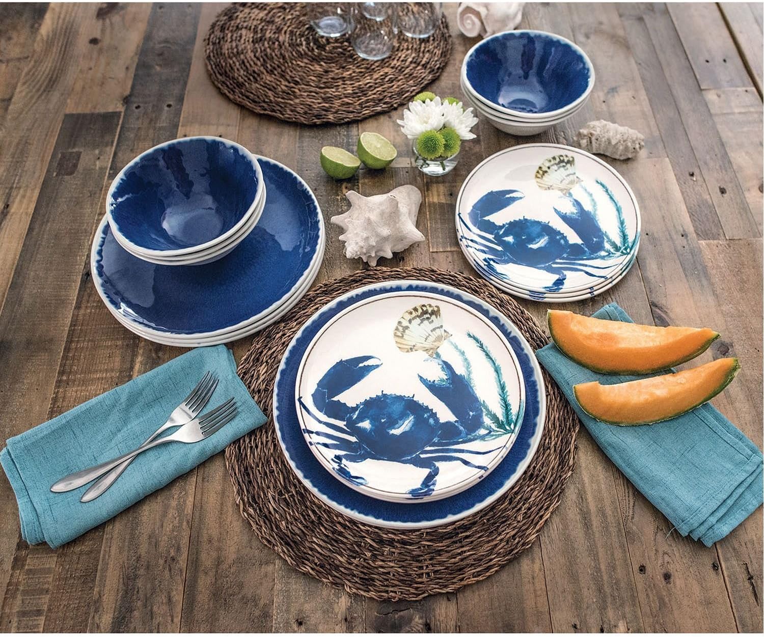 18 Piece Melamine Dinnerware Set Sealife Design (Cobalt Crab)