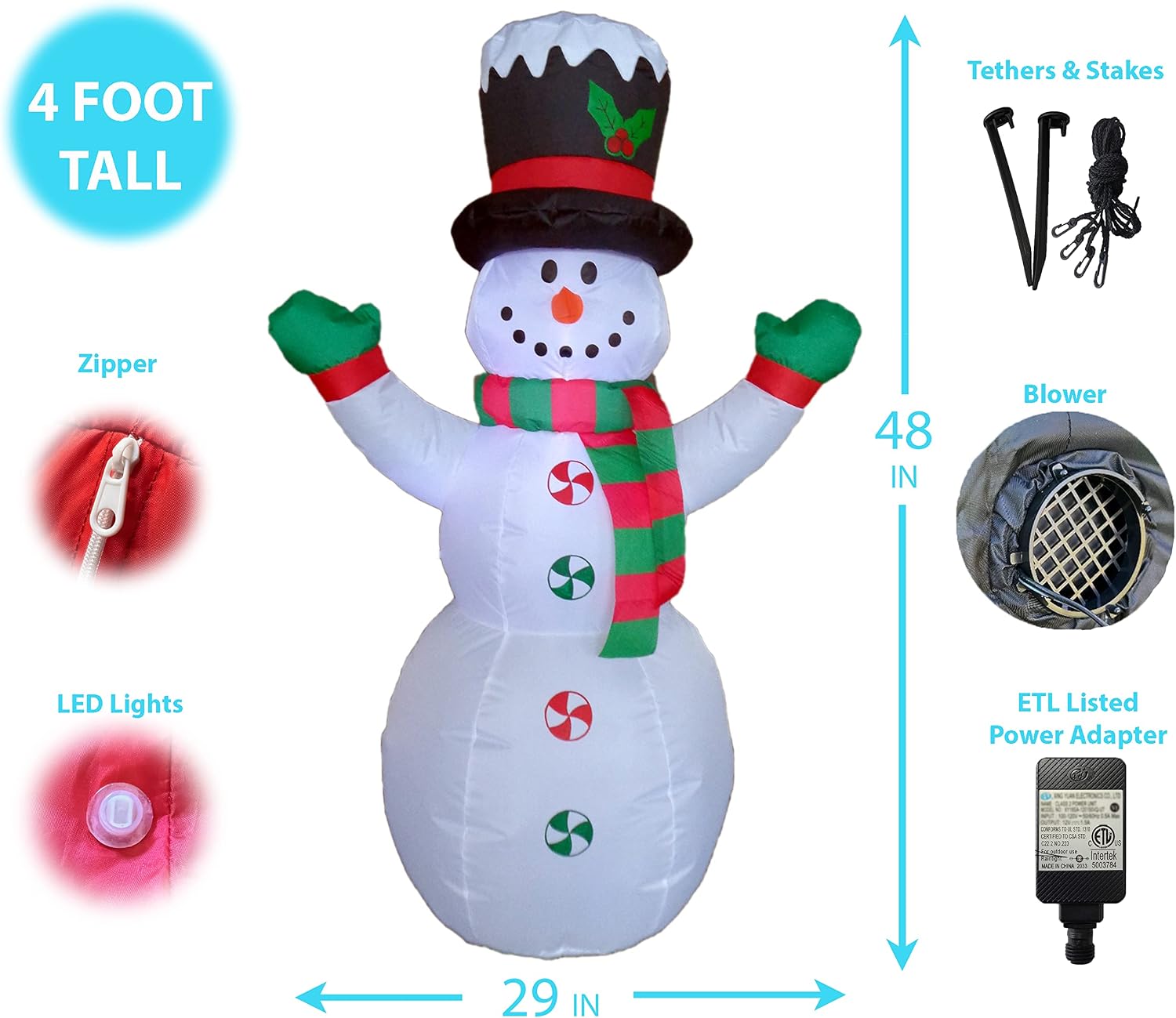 4 FT Tall Christmas Inflatable Snowman with Hat – Lighted Indoor/Outdoor Yard Blow-Up Holiday Decoration with Built-in LED Lights, Self-Inflating Blower & Weather-Resistant Material