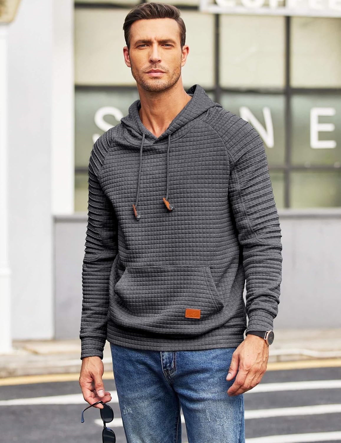 COOFANDY Mens Hoodies Pullover Casaul Long Sleeve Drawstring Waffle Knit Hooded Sweatshirt with Kanga Pocket - Image 2