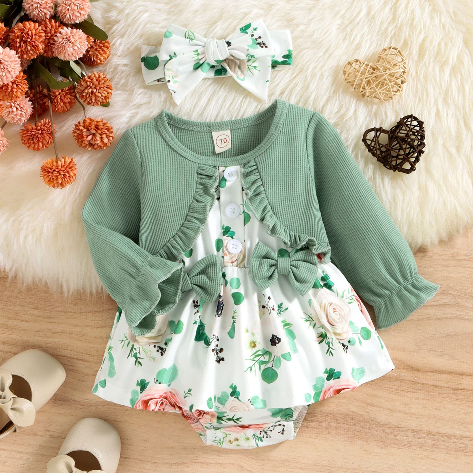 Amazon.com: Infant Girls Ruffles Long Sleeve Floral Prints Bowknot Romper  Newborn Bodysuits Dress Headbands Set Toddler Dress (Green, 3-6 Months) :  Clothing, Shoes & Jewelry