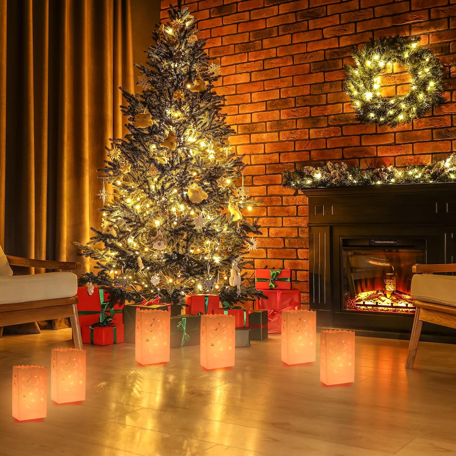 MECCANIXITY White Paper Luminary Bags, 20 Pcs Star Moon Shape Flame Resistant Lantern Candle Bags for Christmas Weddings Birthday Party Decoration