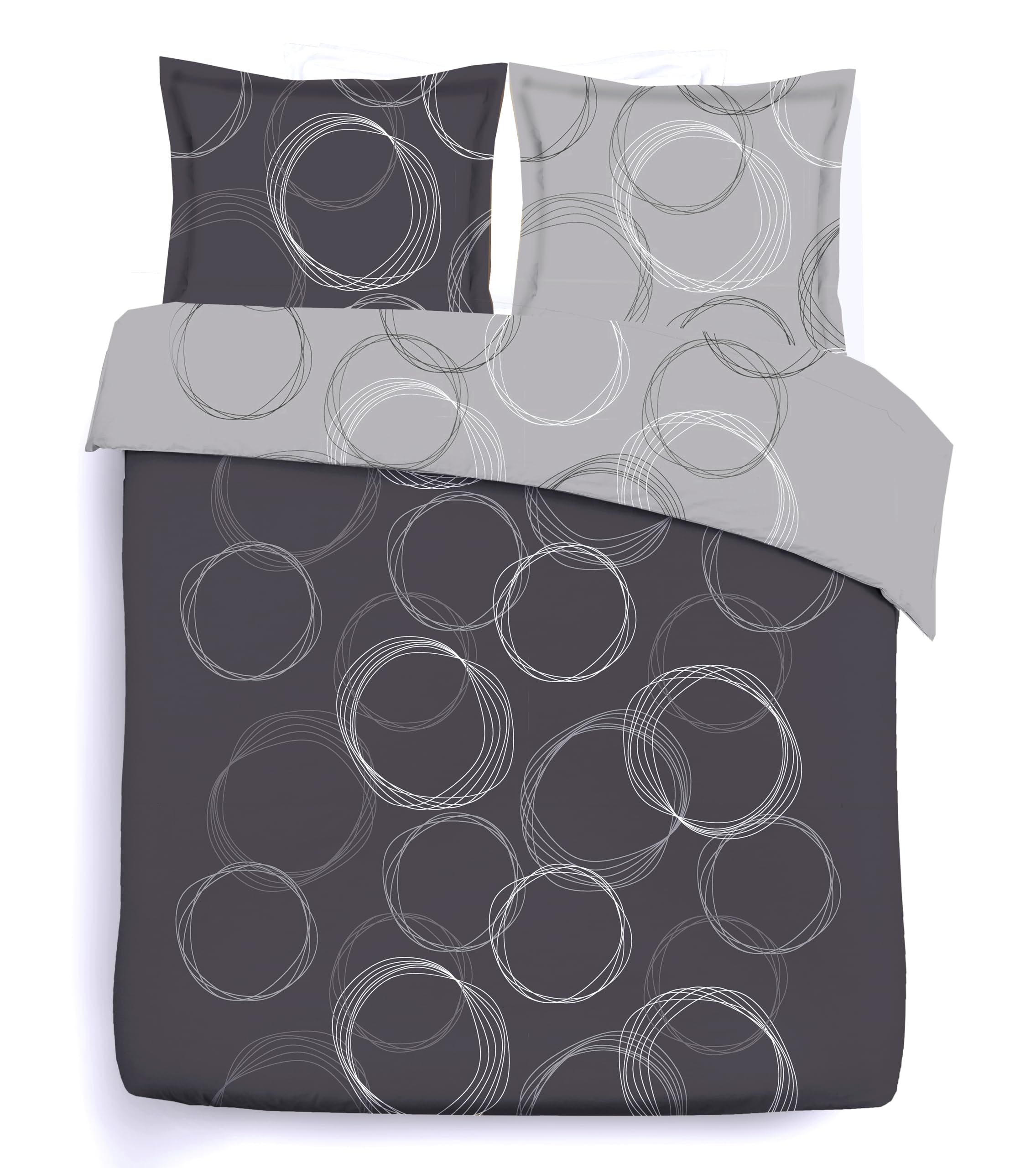 Vision Juego de Cama Reversible 100% Algodón – Lenny Gris Antracita – Cama Doble (240x220 cm) – Funda Nórdica y 2 Fundas de Almohada (65x65 cm) – Suave y Confortable - Certificado Oeko-Tex