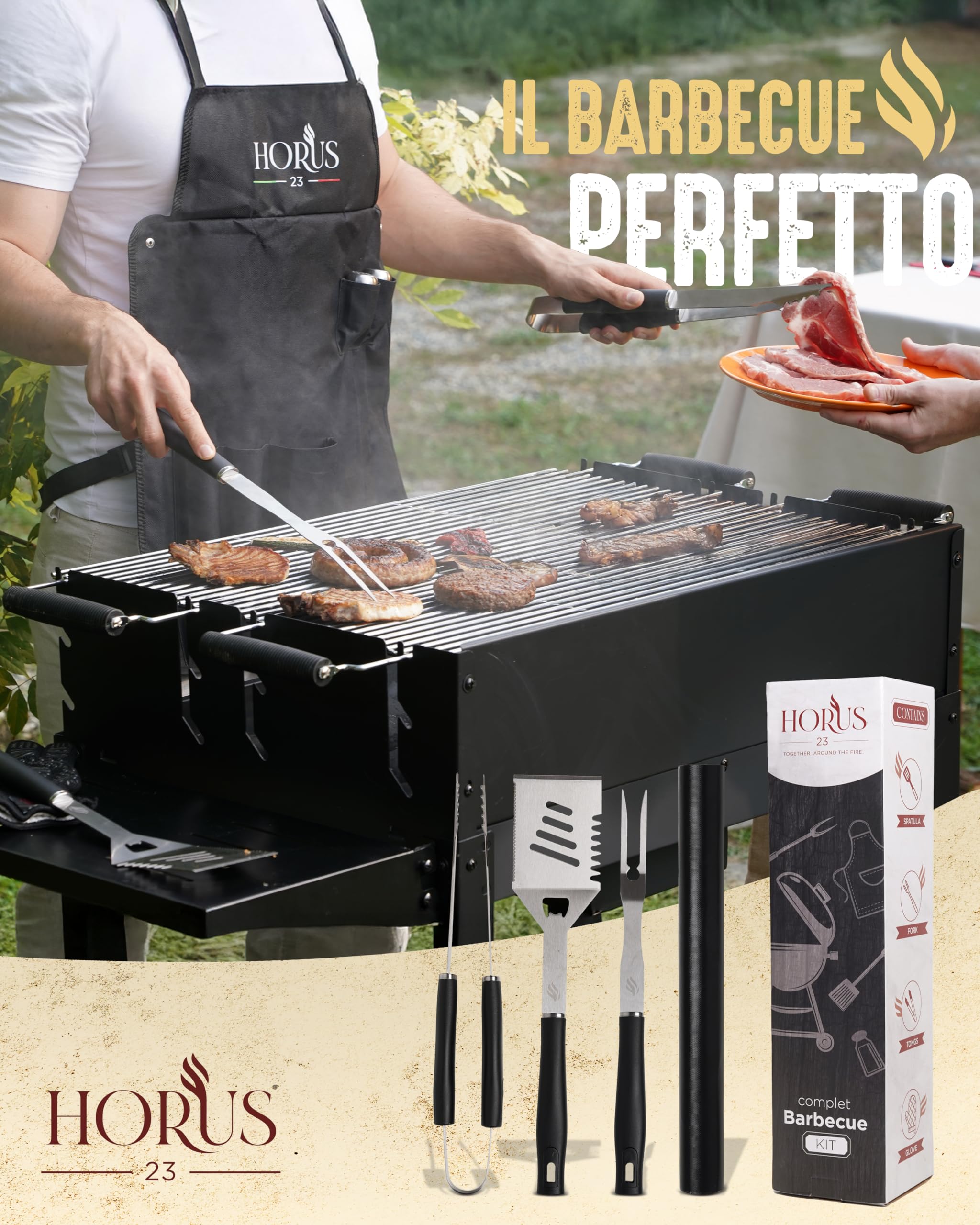 HORUS 23® Set Barbecue con Guanto Ignifugo, Tappetino Griglia e Grembiule Oxford Acciaio Inox