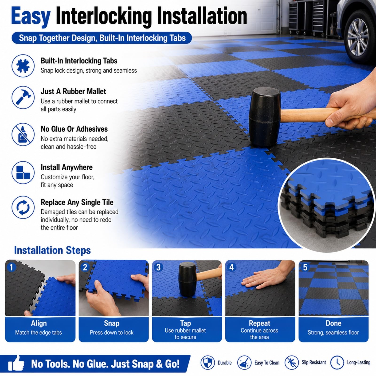 Lot de 10 dalles de sol modulaires emboîtables de 5 mm d'épaisseur, idéales pour le garage ou l'espace de travail, connexion sécurisée