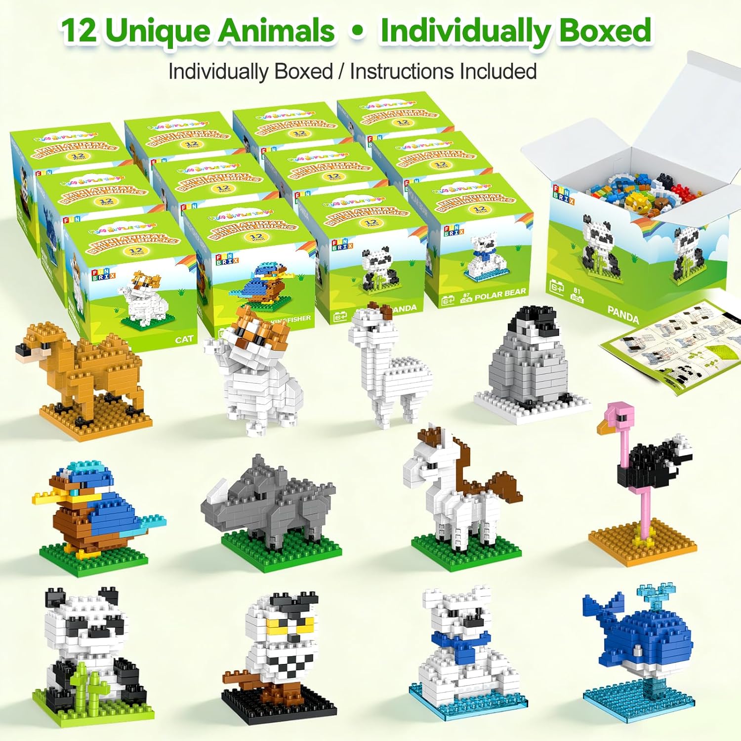 Mini Animal Building Blocks 12 Pack, No Duplicates, Individually Boxed with Instructions, Party Favors for Kids 6-12, Classroom Prizes & Prize Box Rewards, Goodie Bag Stuffers, Easter Egg Fillers